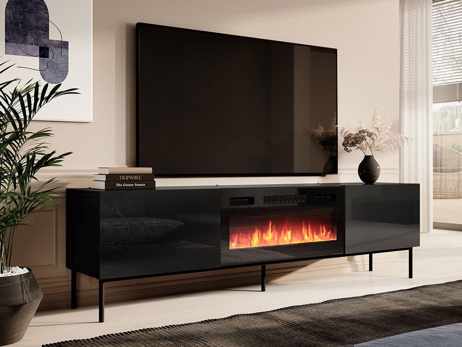 Mobistoxx Tv-meubel met haard SKIPPY 2 deuren zwart/hoogglans zwart