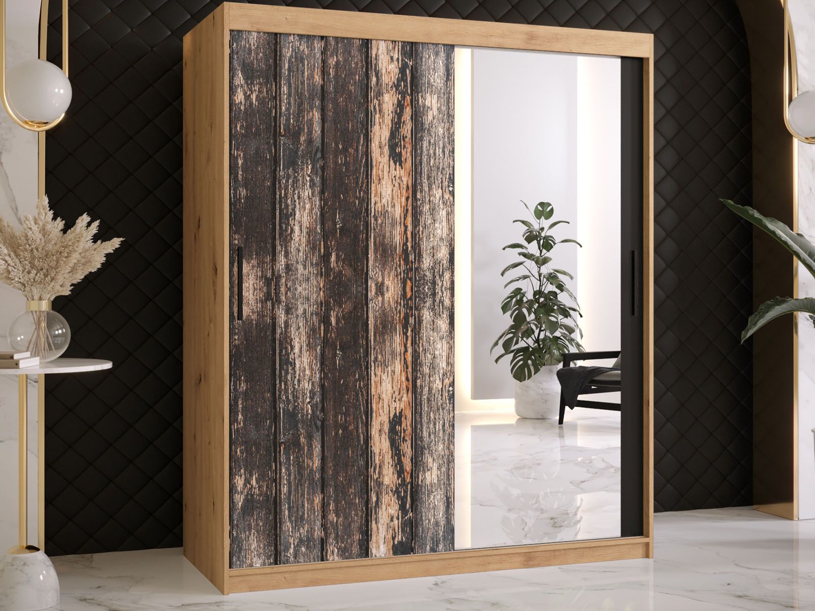 Kledingkast TODY 2 schuifdeuren 150 cm artisan eik met spiegel 