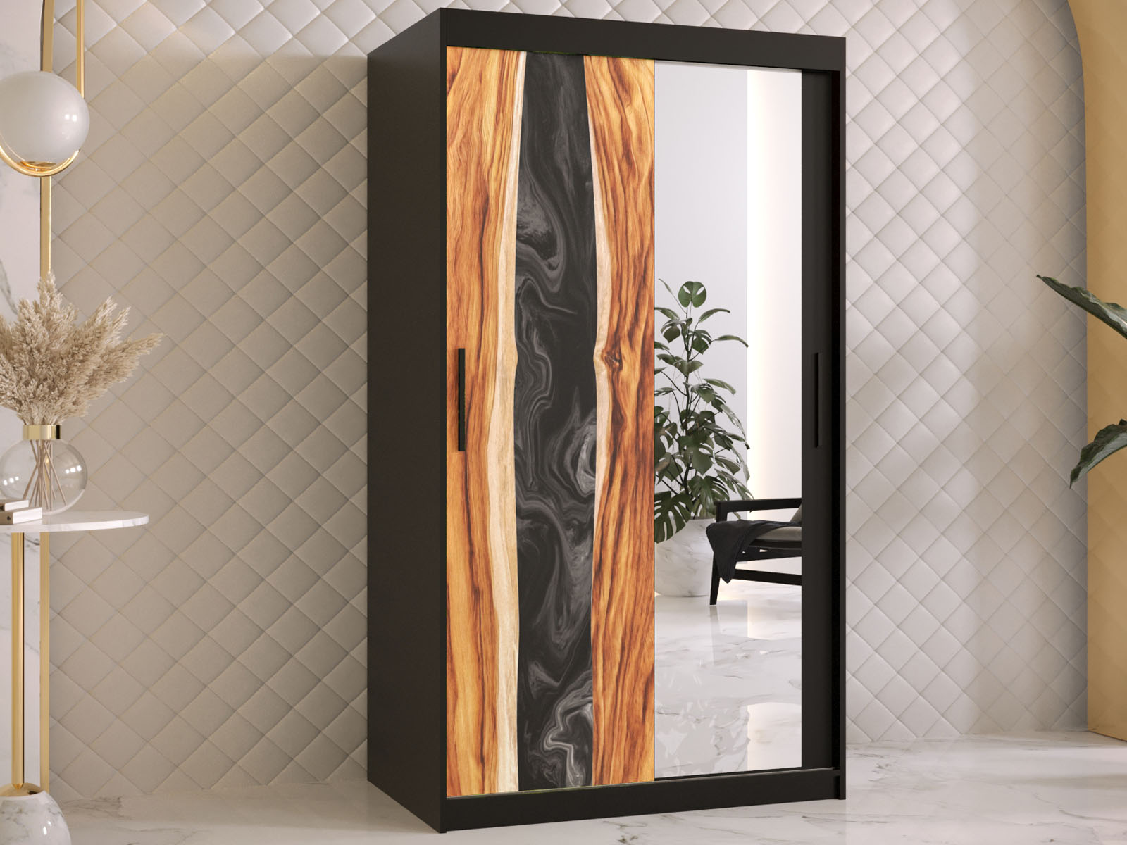Kledingkast RESINA 2 schuifdeuren 100 cm mat zwart met spiegel