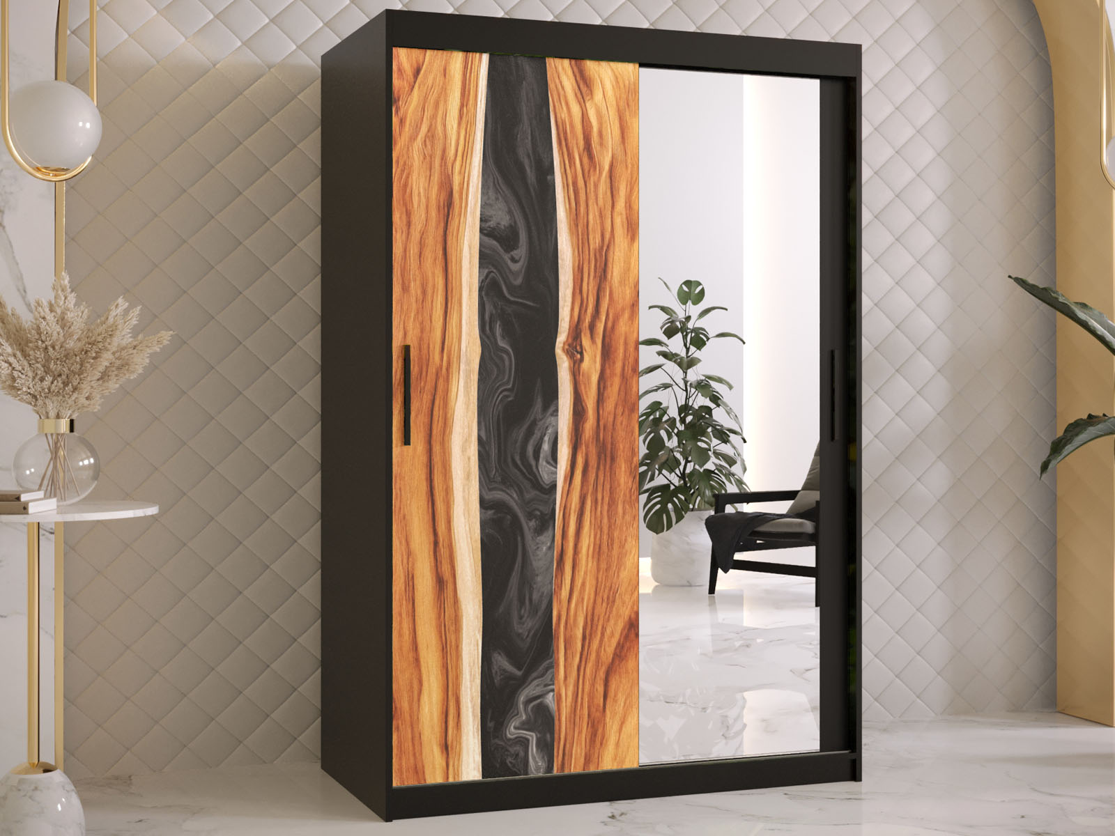Kledingkast RESINA 2 schuifdeuren 120 cm mat zwart met spiegel