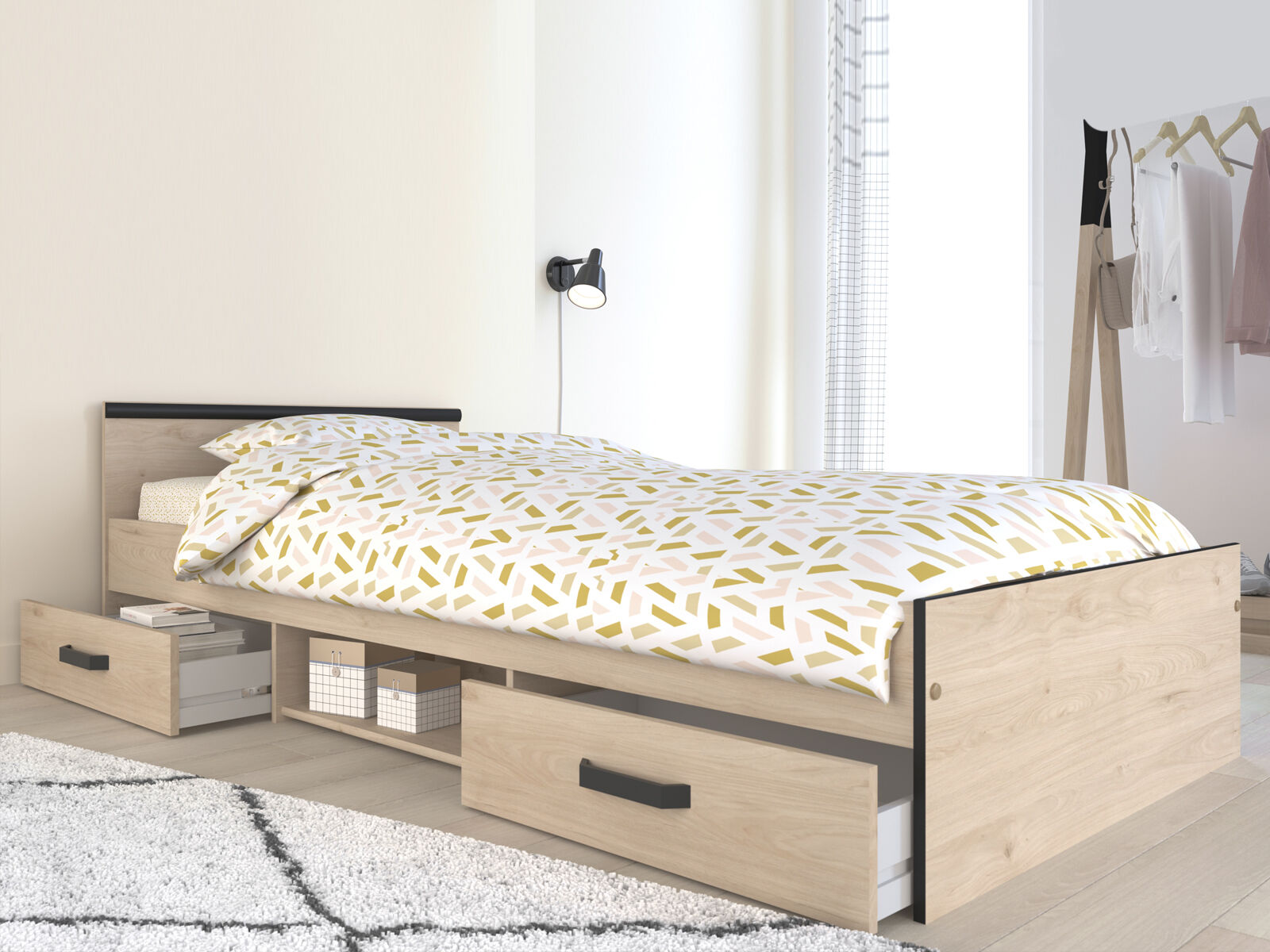 Bed NASHLEY 90x200 cm eik artisanaal/zwart
