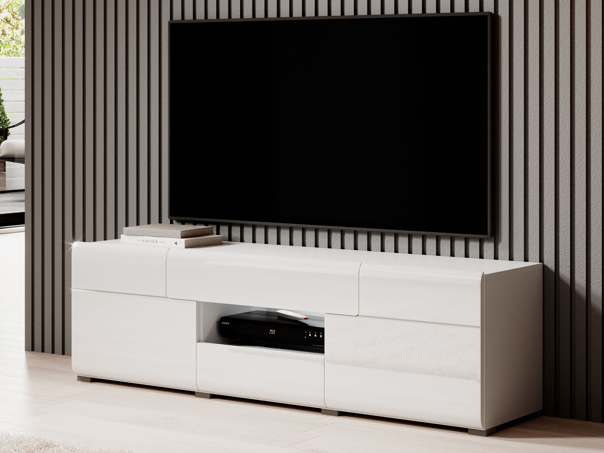 Tv-meubel TOMASSON 2 deuren 2 lades wit/hoogglans wit met led 