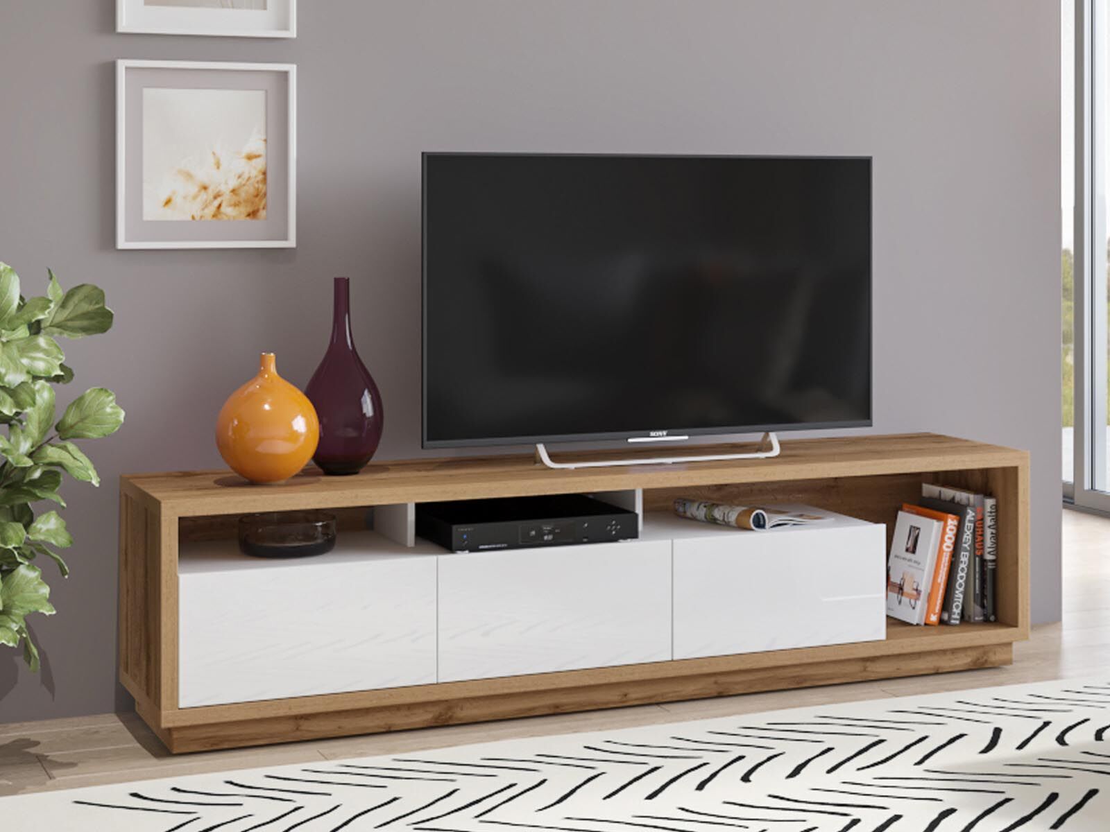 Tv-meubel CELIA 3 lades wotan eik/hoogglans wit