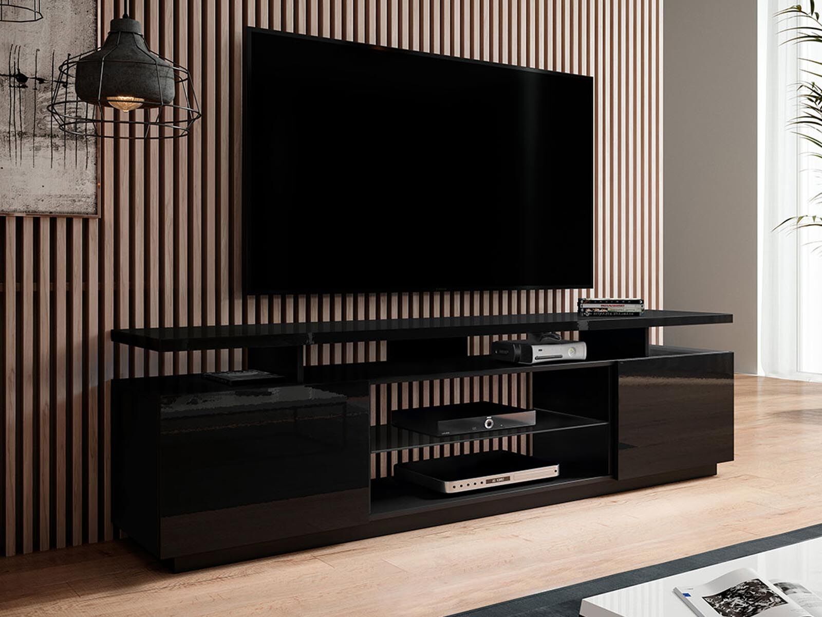 Tv-meubel EVOPE 2 deuren zwart/hoogglans zwart zonder led