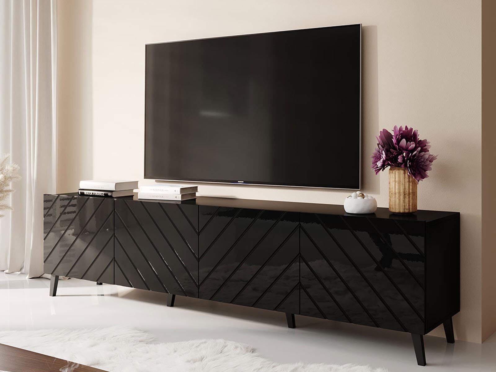 Tv-meubel ABELA 4 deuren zwart/hoogglans zwart