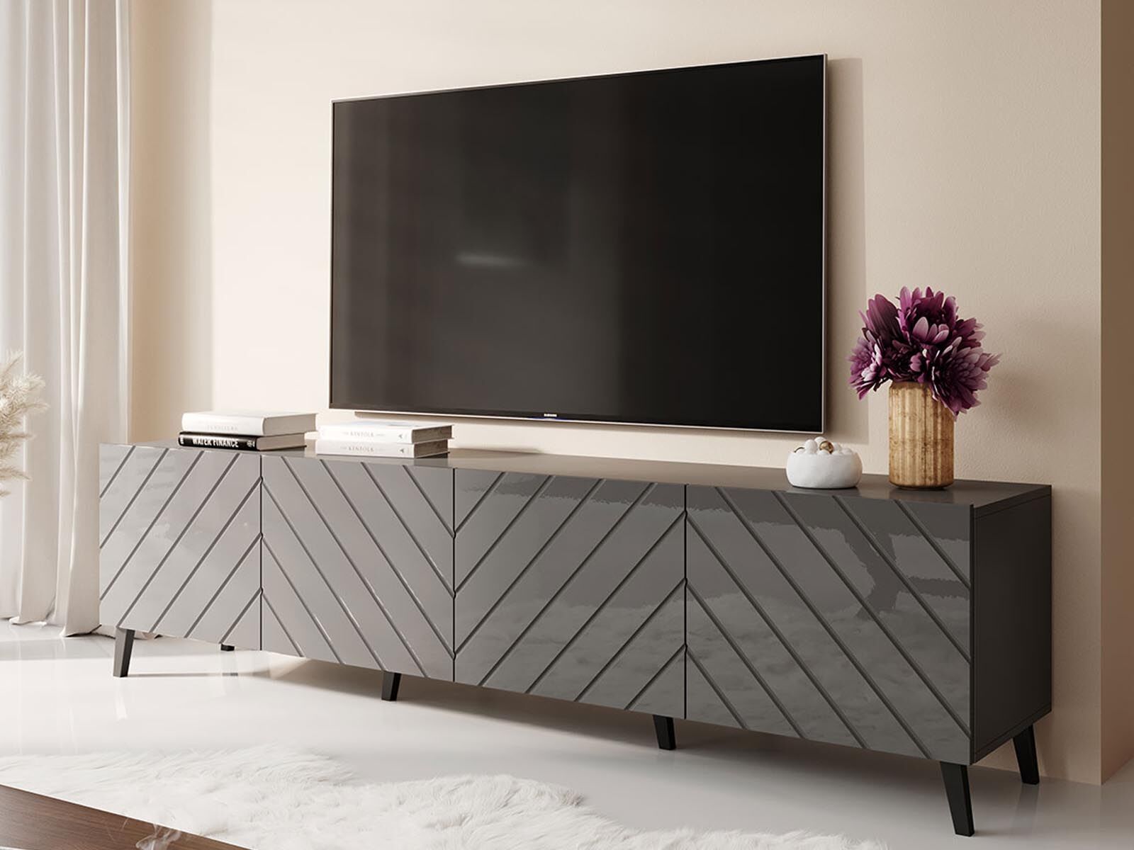 Tv-meubel ABELA 4 deuren grijs/hoogglans grijs