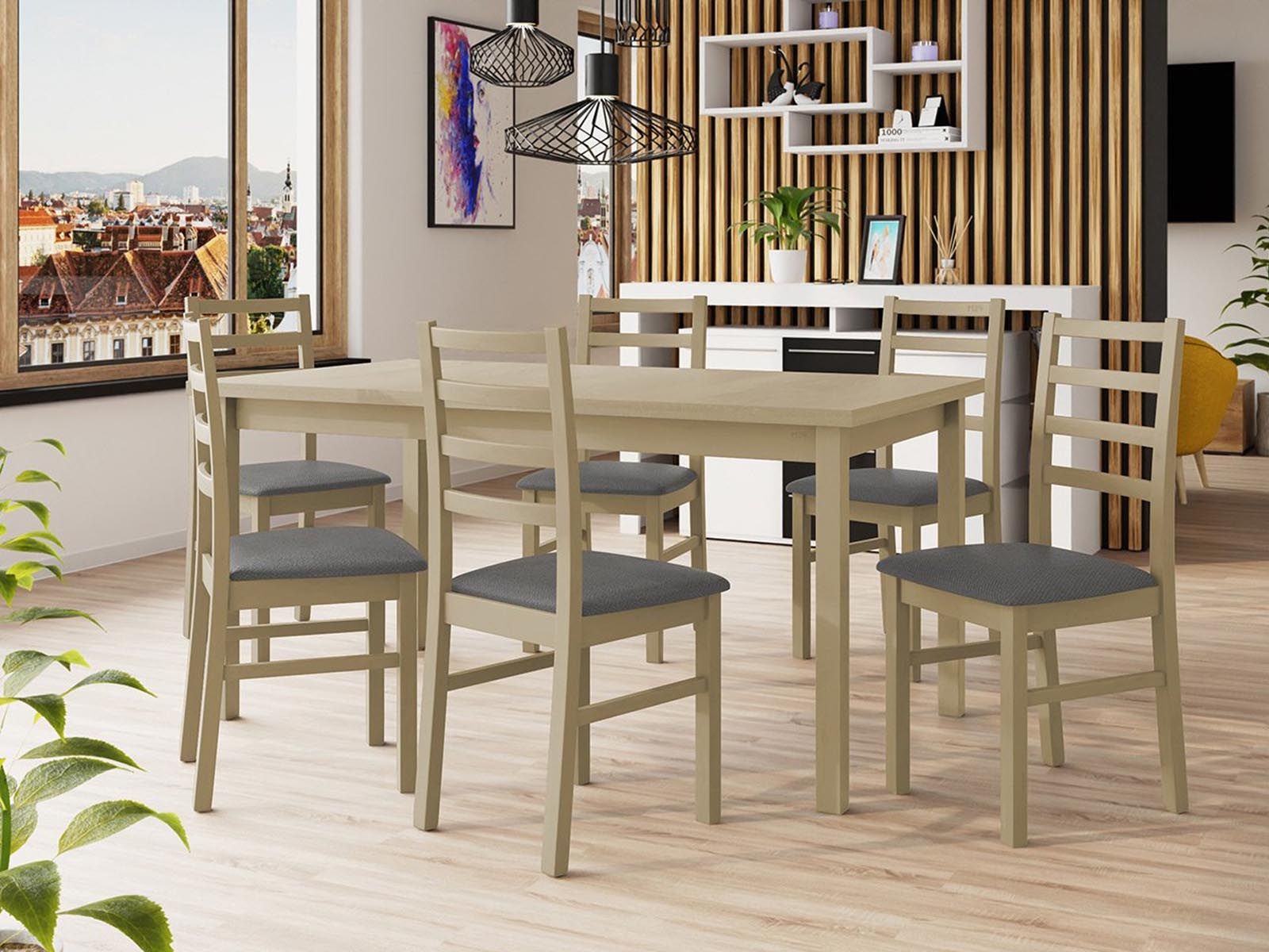 Eettafel ALMATA 160>200 cm sonoma met 6 stoelen en kussens grijs 