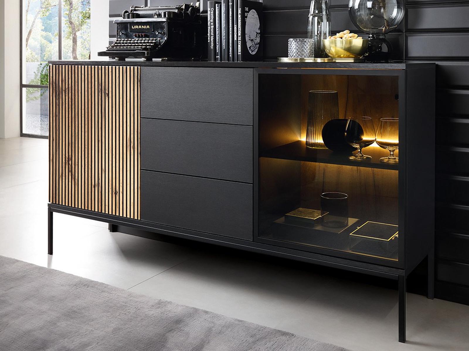 Dressoir DORIAN 2 deuren 3 lades grafiet zwart/wotan eik 