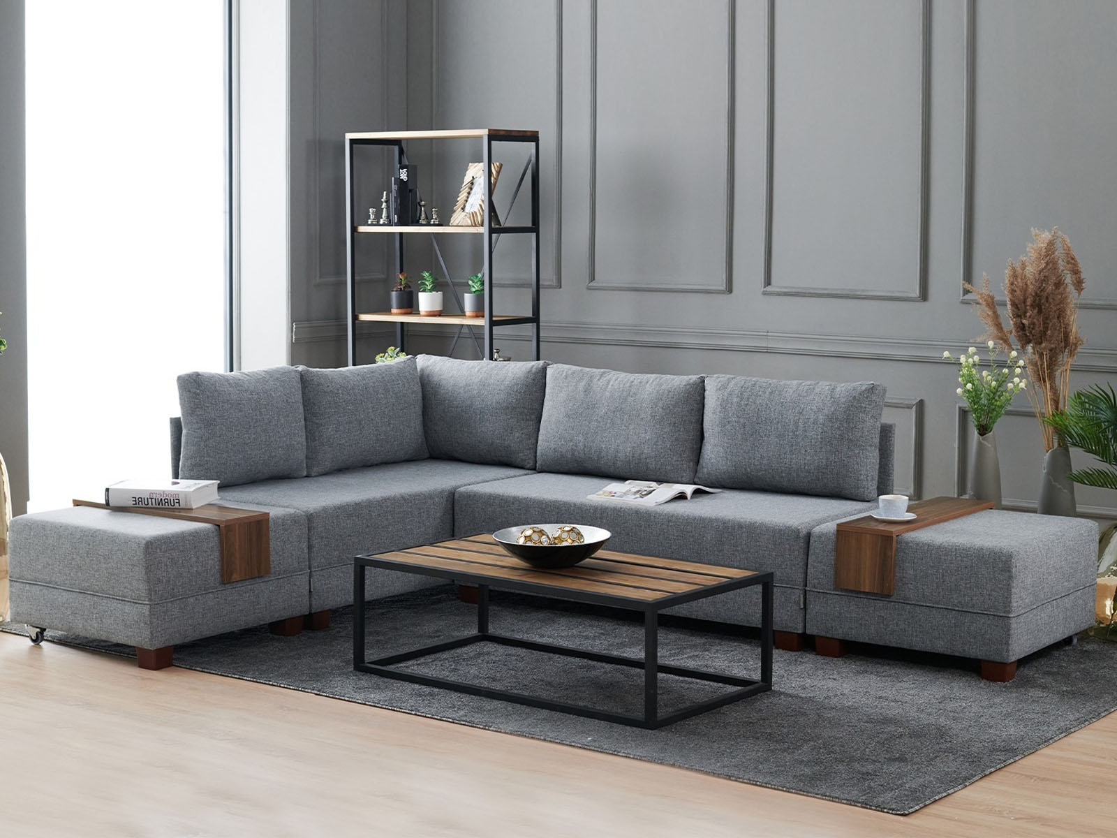 Converteerbare hoekzetel FLIPPER met longchair links grijze stof met poefs 