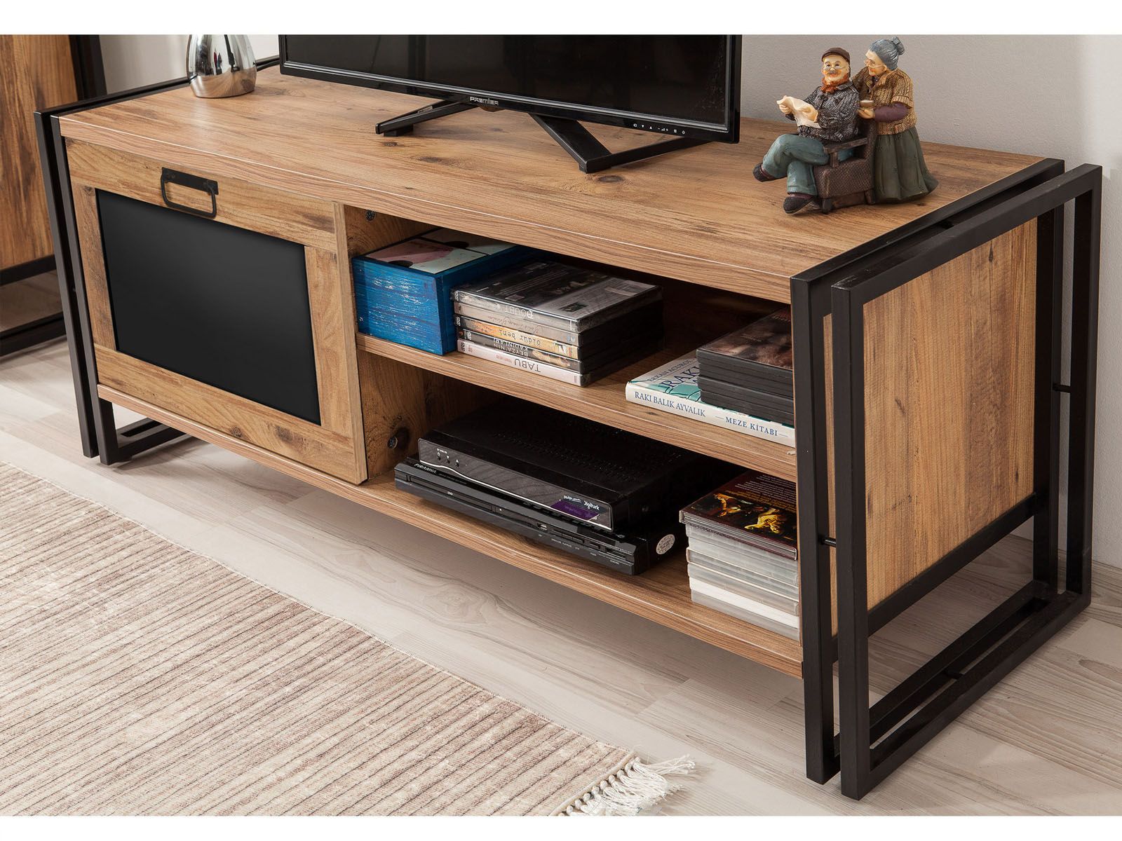 Tv-meubel BRIARD 1 deur pijnboom/zwart