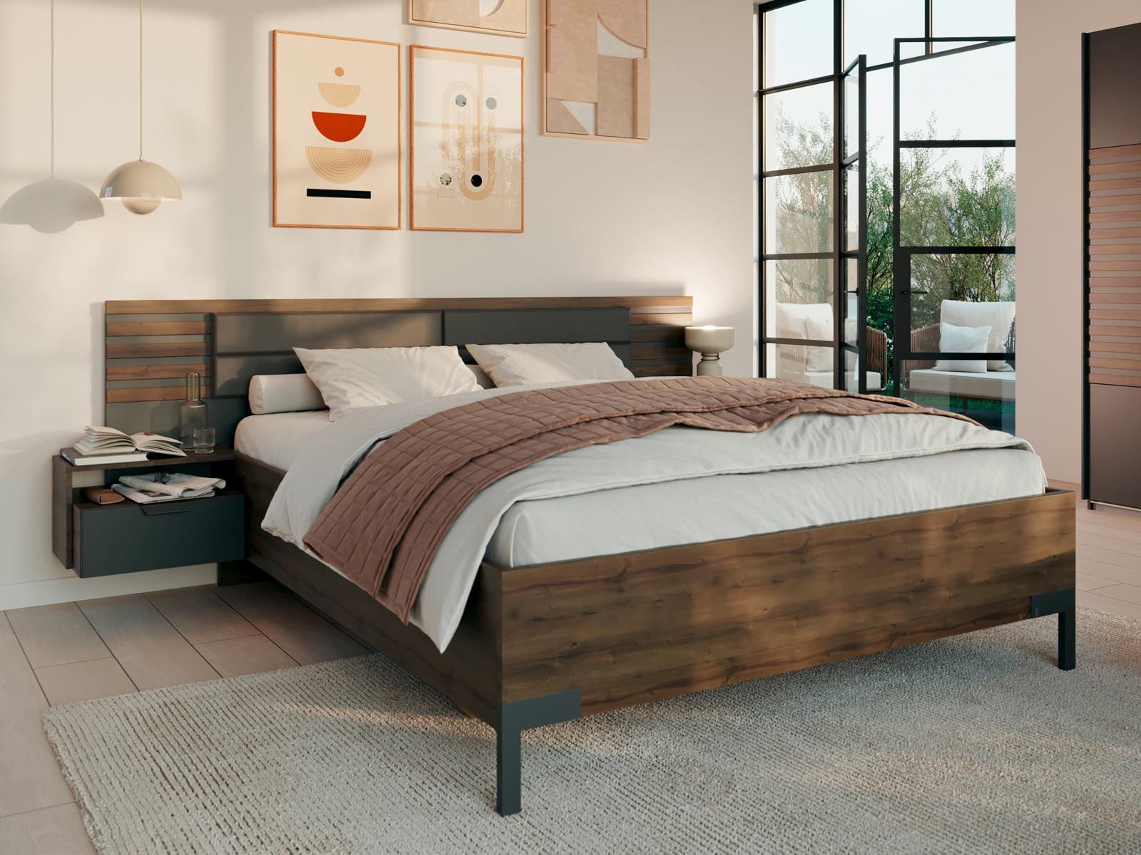 Bed en nachtkastjes BALOTI 160x200 cm atlantische eik/metaalgrijs