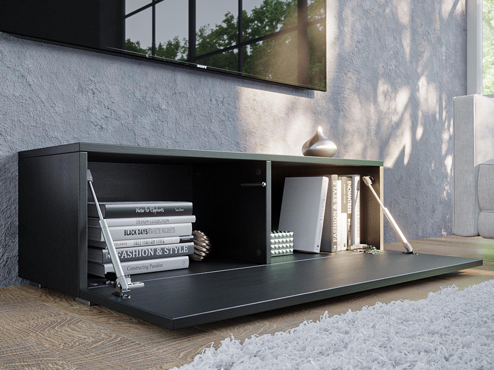 Tv-meubel KINGSTON 1 klapdeur 105 cm zwart eik met salontafel