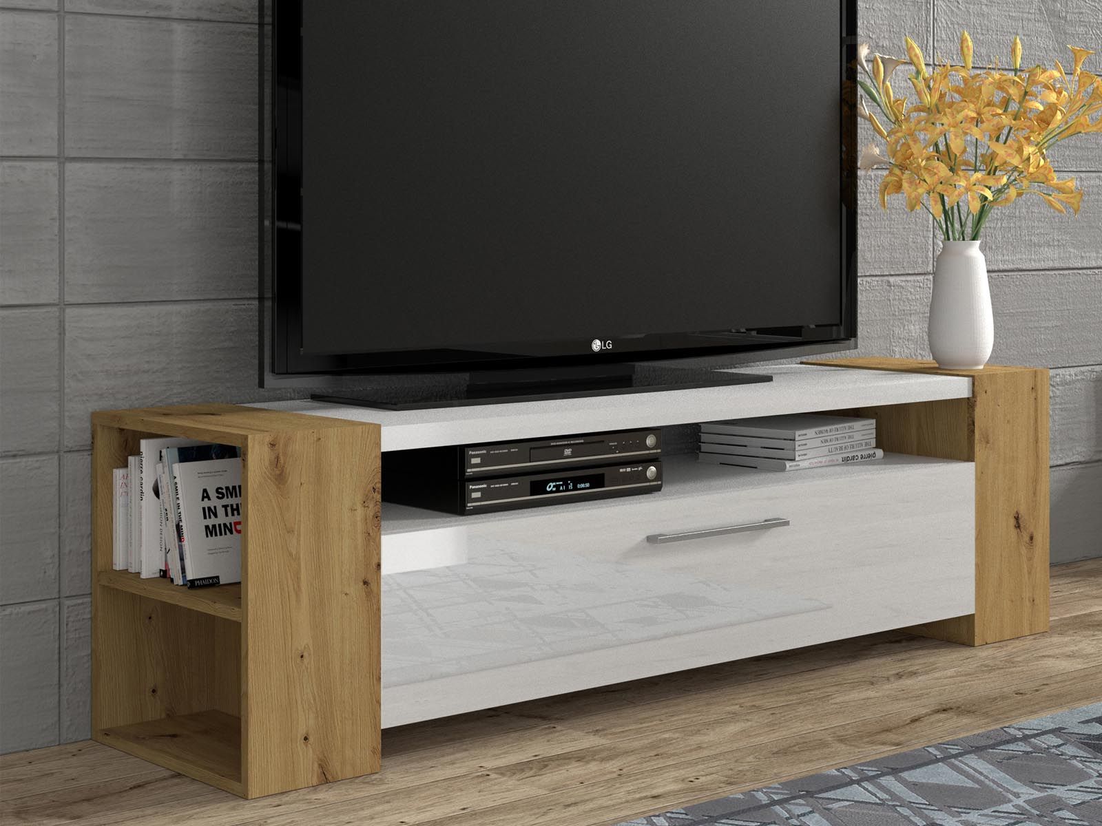 Tv-meubel LAVIA 1 klapdeur hoogglans wit/artisan eik