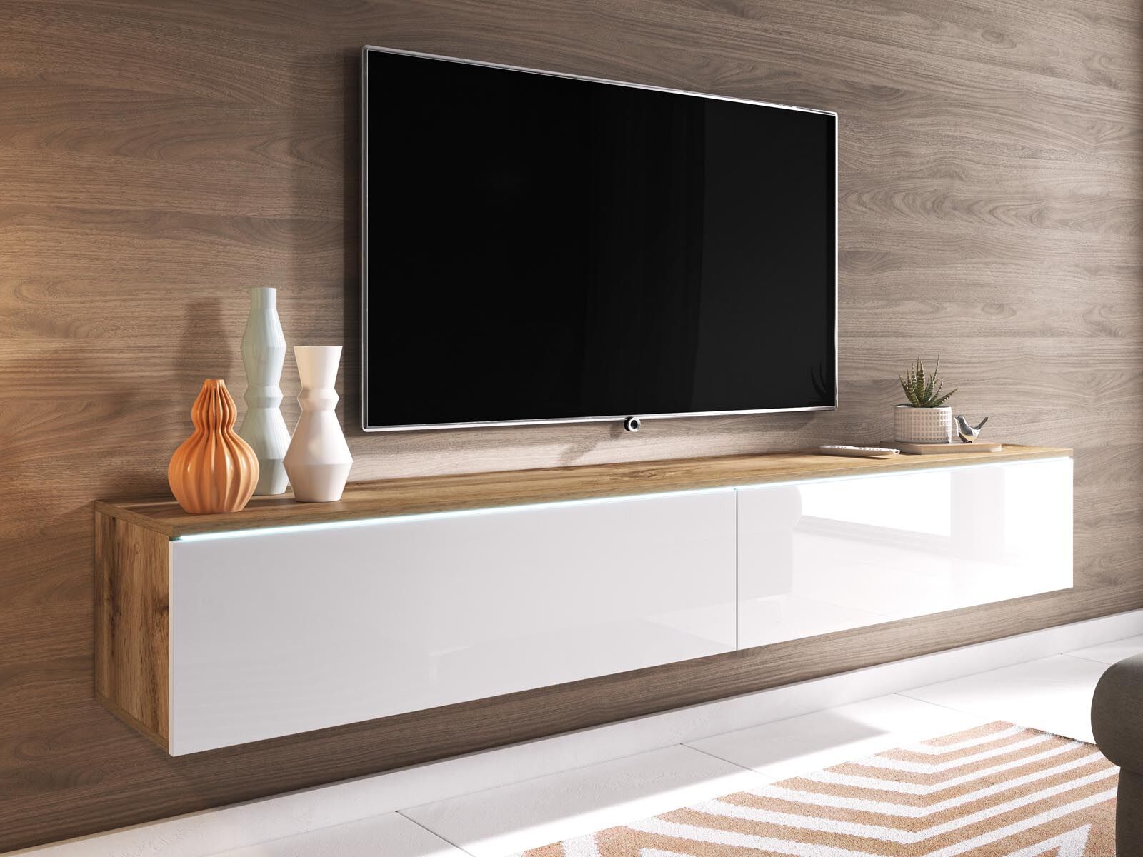 TV-meubel DUBAI 2 klapdeuren 140 cm hoogglans wit/eik wotan met verlichting