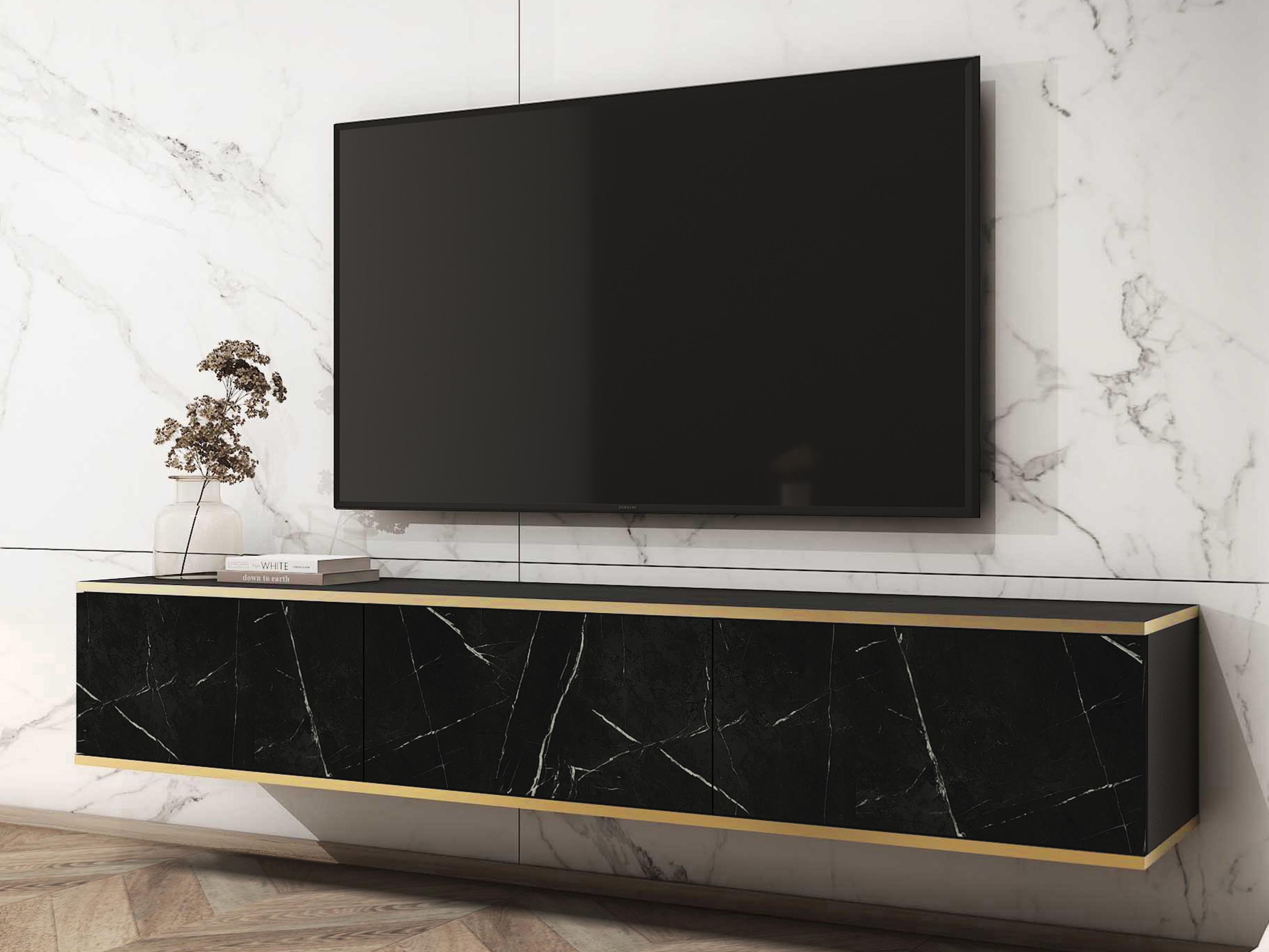 Tv-meubel OROKI 3 klapdeuren zwart/zwart koningsmarmer