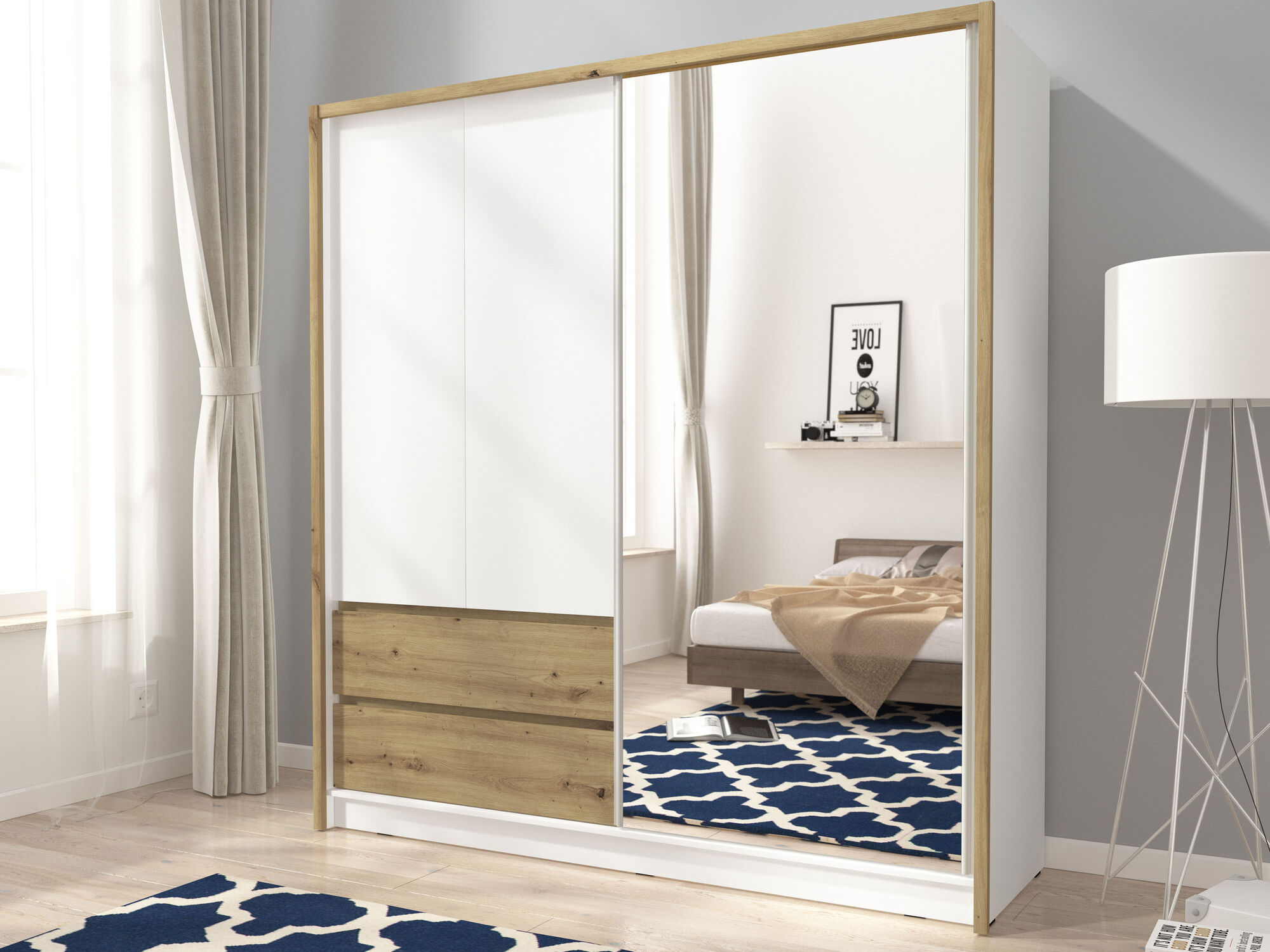 Kast SARATOS 3 deuren 2 lades 200 cm wit/artisan eik 