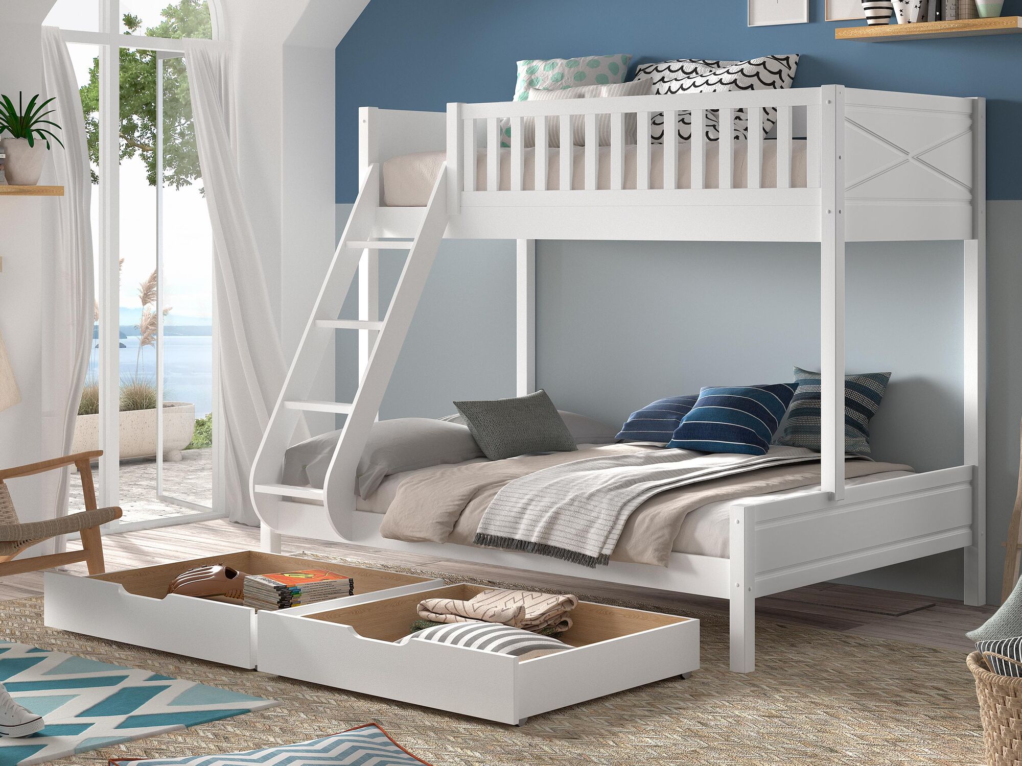Stapelbed SCOTY 90x200 cm en 140x200 cm witte pijnboom met bedlade
