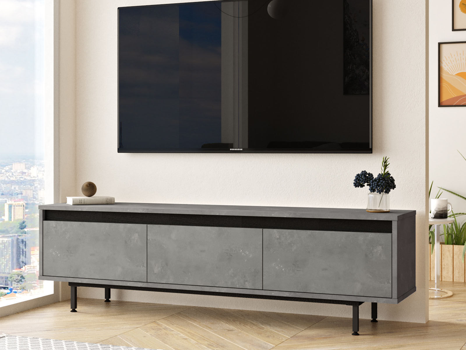 Tv-meubel LAVOMA 3 klapdeuren zwart/zilver