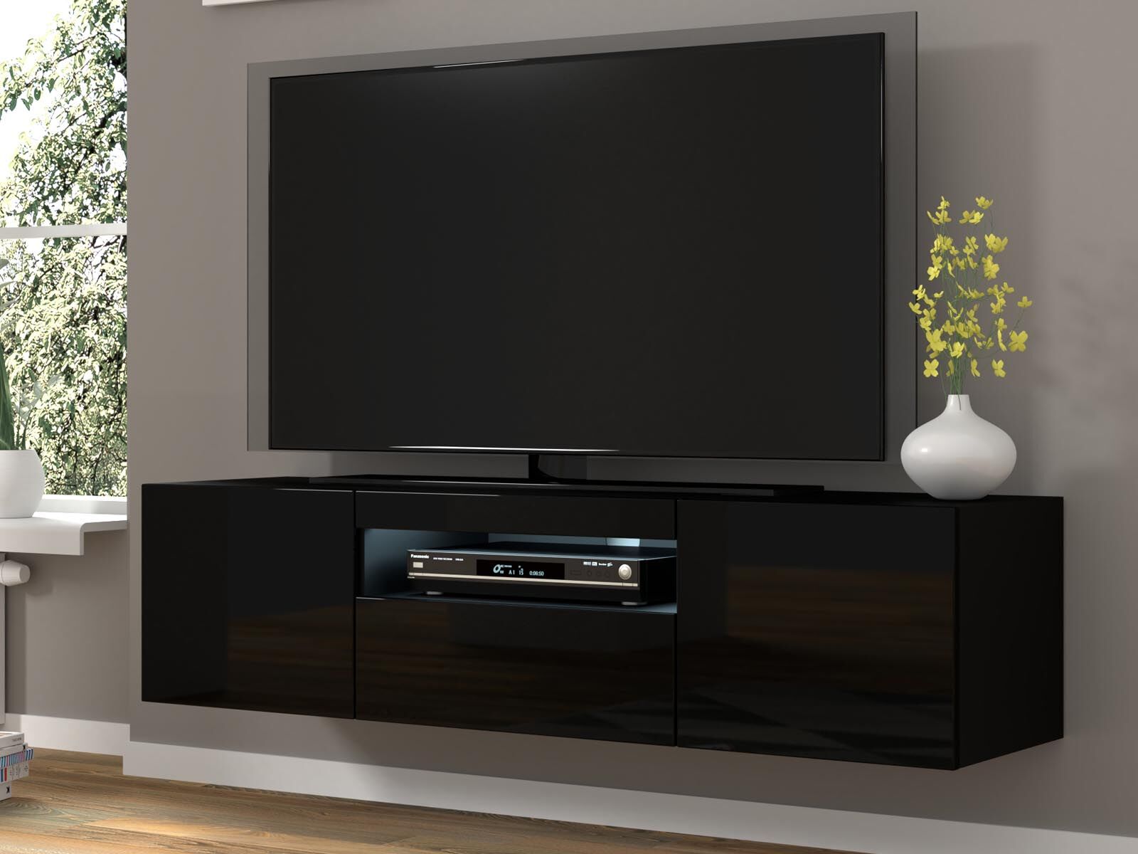 Tv-meubel AUREO 3 deuren 150 cm hoogglans zwart met led