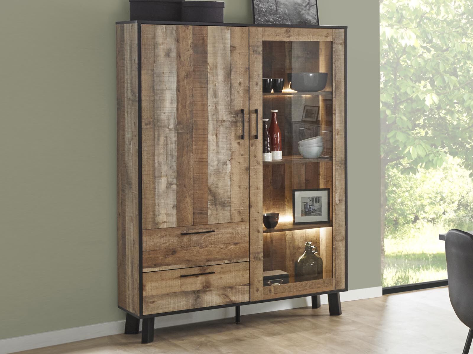 Vitrine KIKO 2 deuren 2 lades atlantic wood zonder led