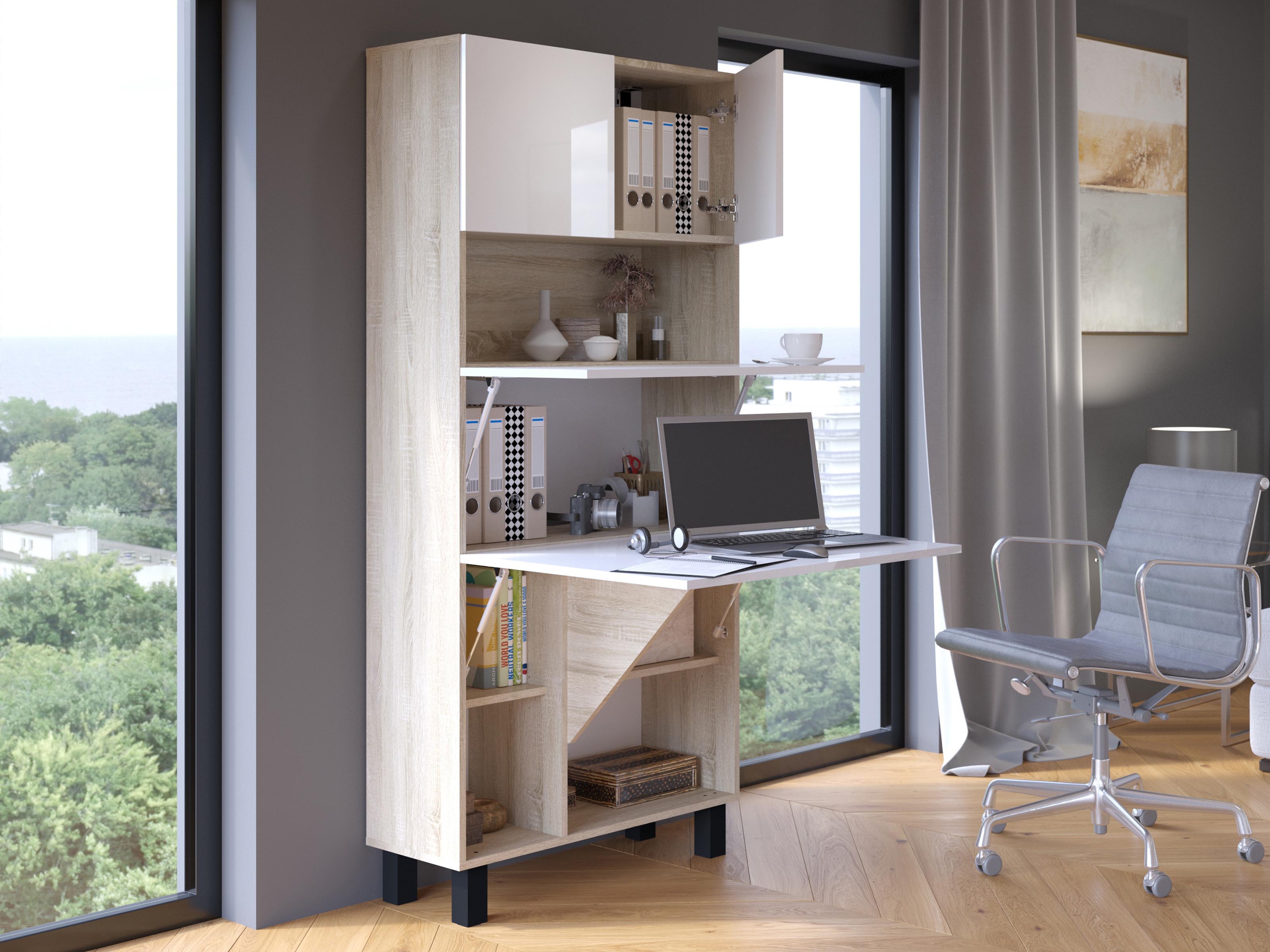 Kast met bureau HOMELA 4 deuren hoogglans wit/sonoma eik 