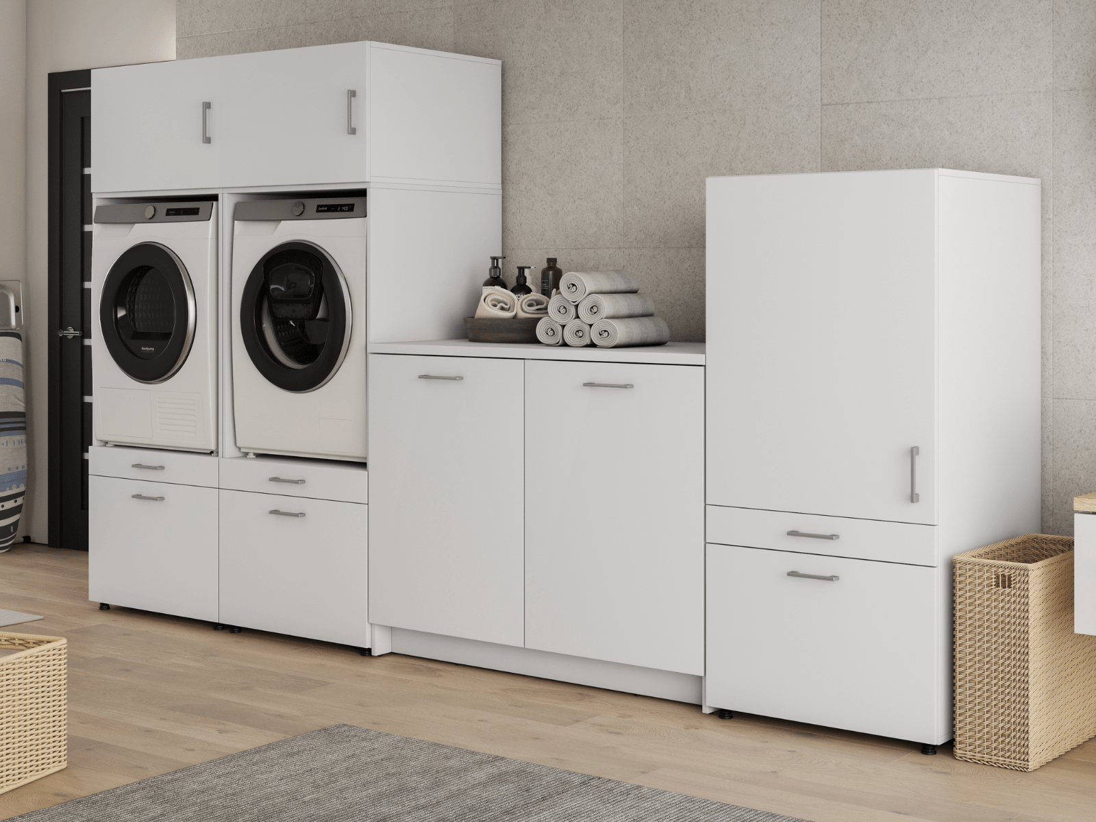 Kast WASHING 2 machines met kast 1 deur 2 lades en kast met werkblad LARGE wit