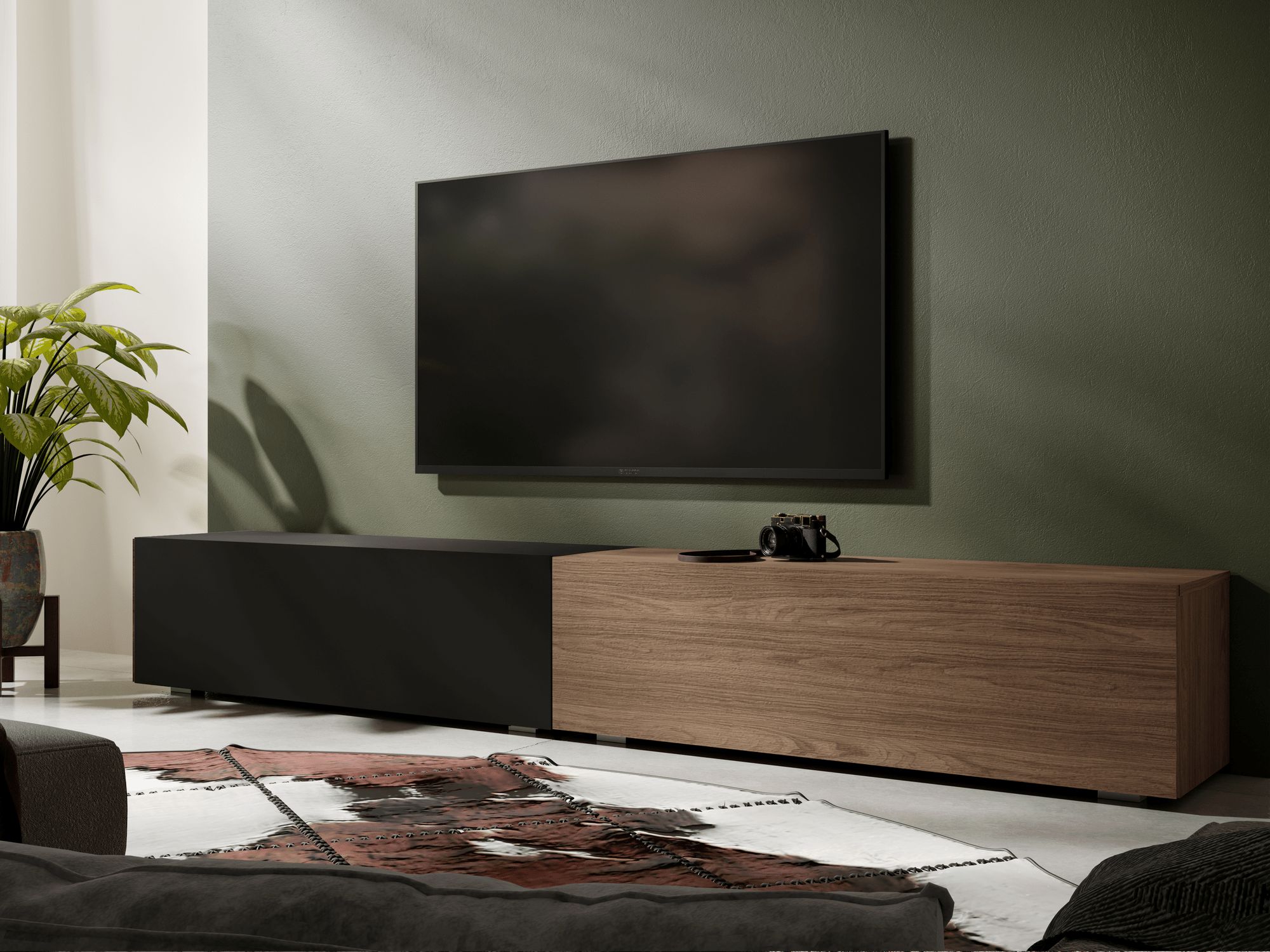 Tv-meubel KINGSTON DUO 2 klapdeuren 210 cm mat zwart/walnoot