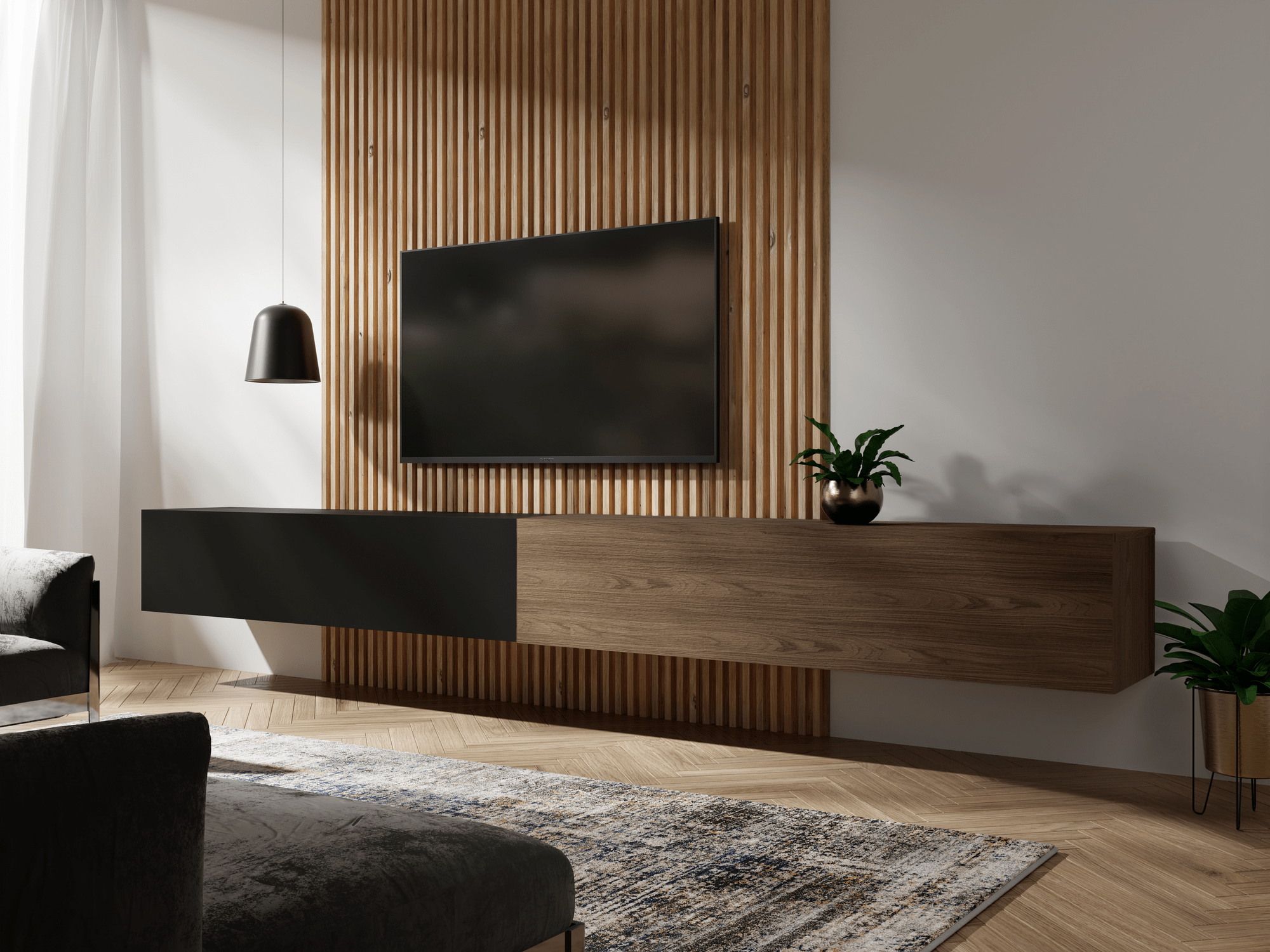 Tv-meubel KINGSTON DUO 2 klapdeuren 280 cm mat zwart/walnoot