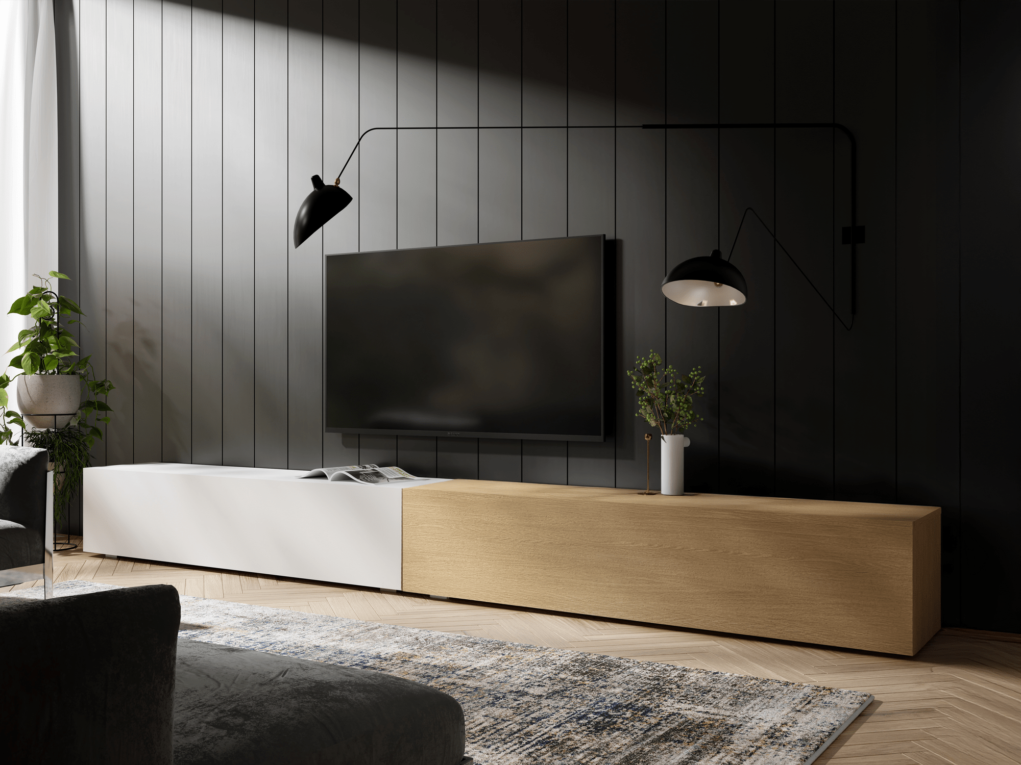 Tv-meubel KINGSTON DUO 2 klapdeuren 280 cm eik/mat wit