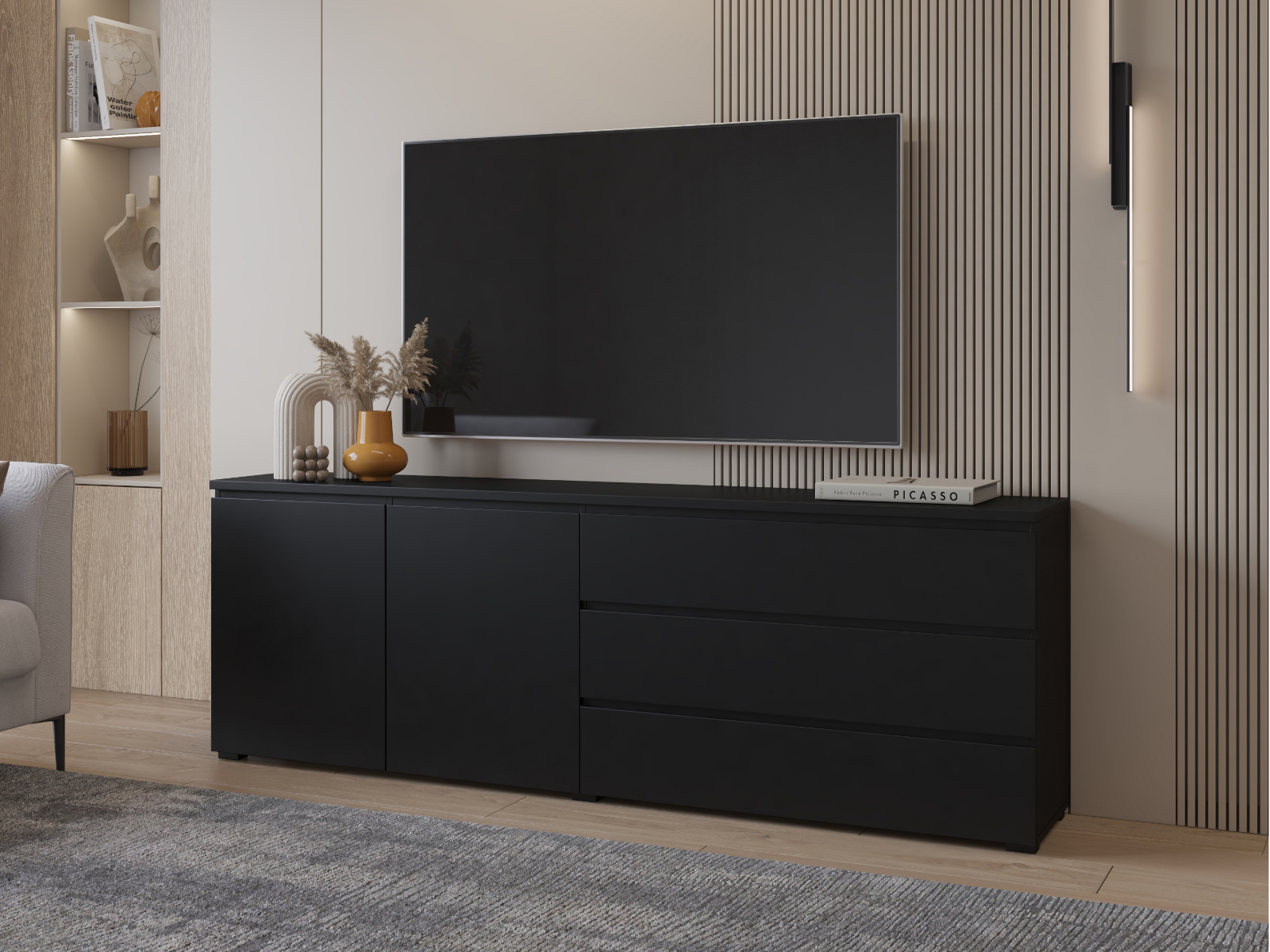 TV-/hifi-meubel MODOK 3 deuren 3 lades zwart