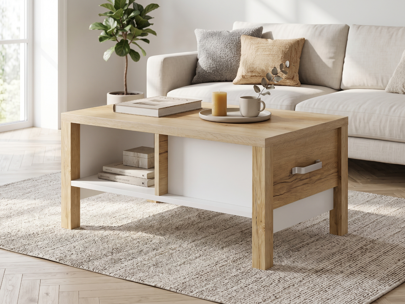 Salontafel OLIANNE 90 cm natuurlijke eik/wit