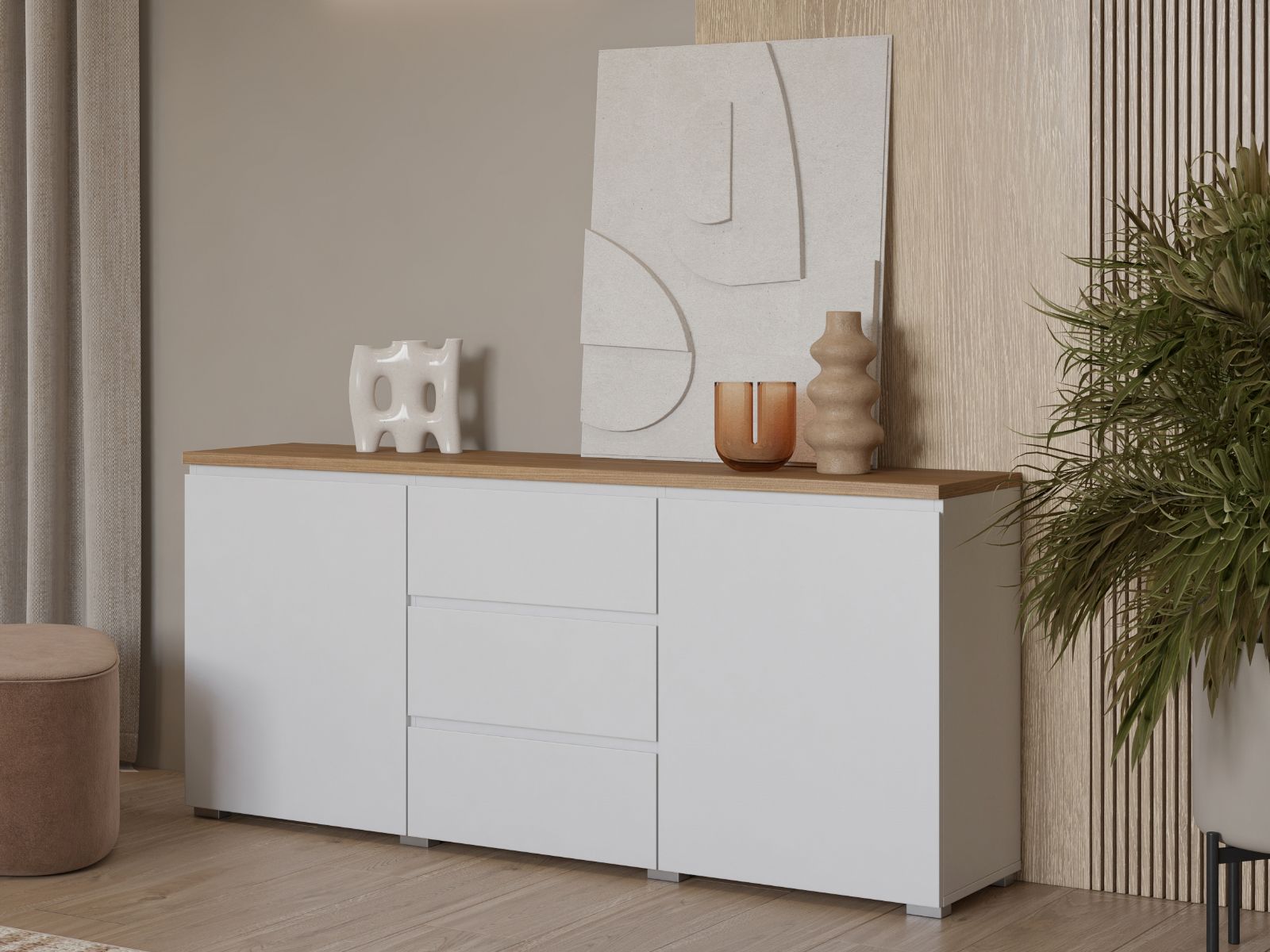 Dressoir MODOK 2 deuren 3 laden wit/eik mauvella