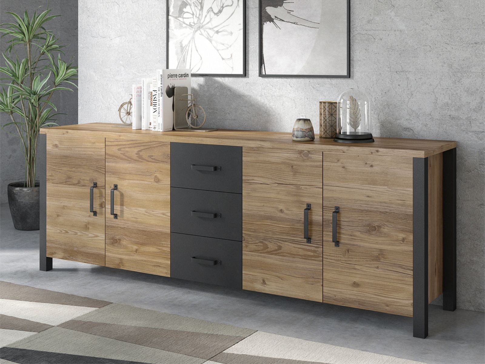 Dressoir OLIANNE 4 deuren 3 lades appenzeller sparren/zwart afbeelding