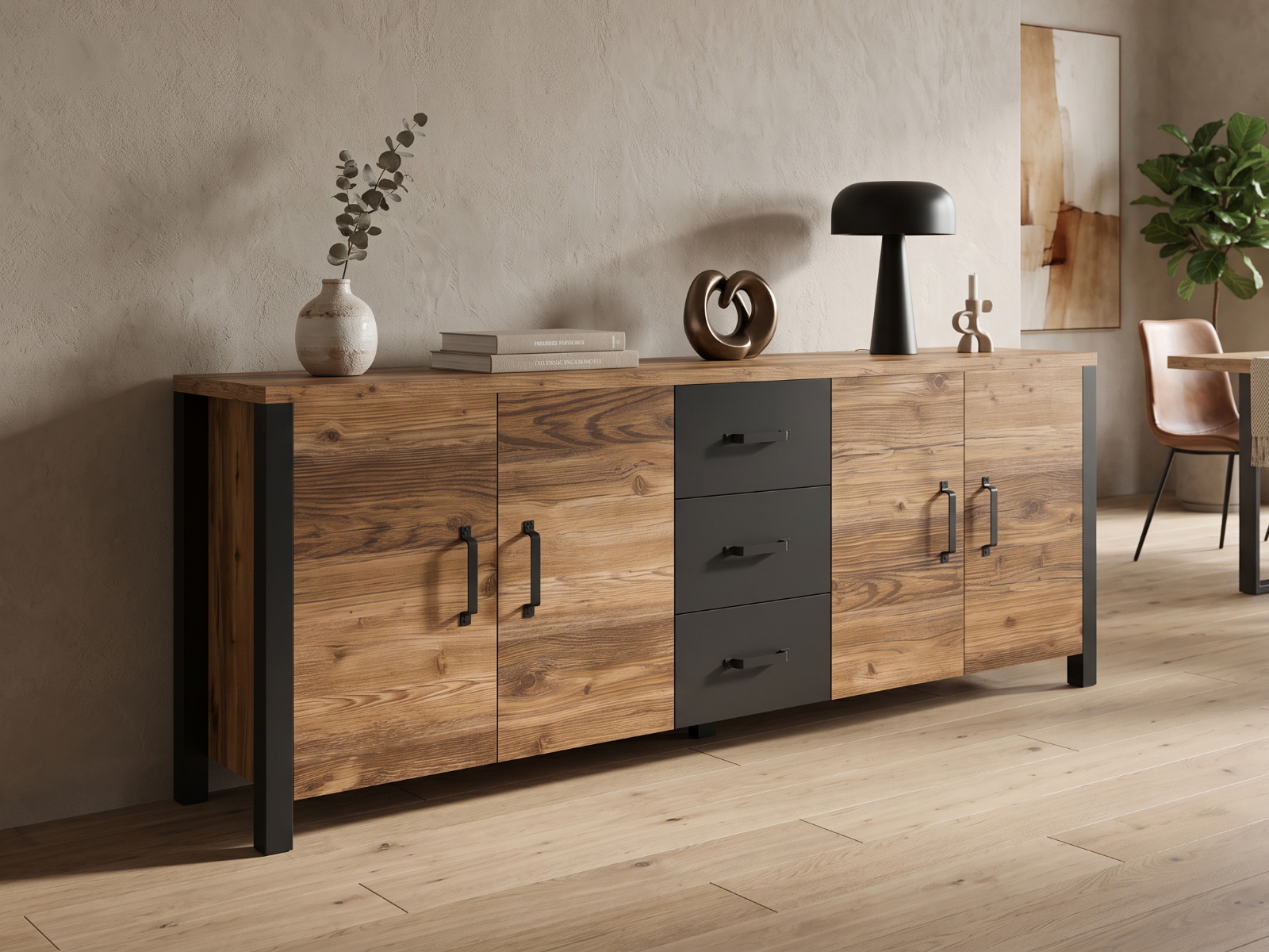 Dressoir OLIANNE 4 deuren 3 lades appenzeller sparren/zwart