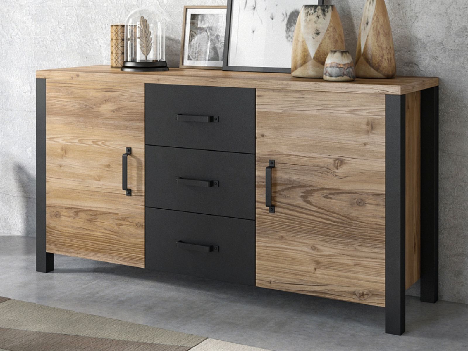 Dressoir OLIANNE 2 deuren 3 lades appenzeller sparren/zwart afbeelding
