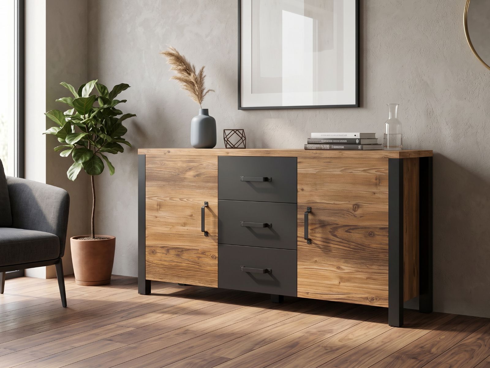 Dressoir OLIANNE 2 deuren 3 lades appenzeller sparren/zwart