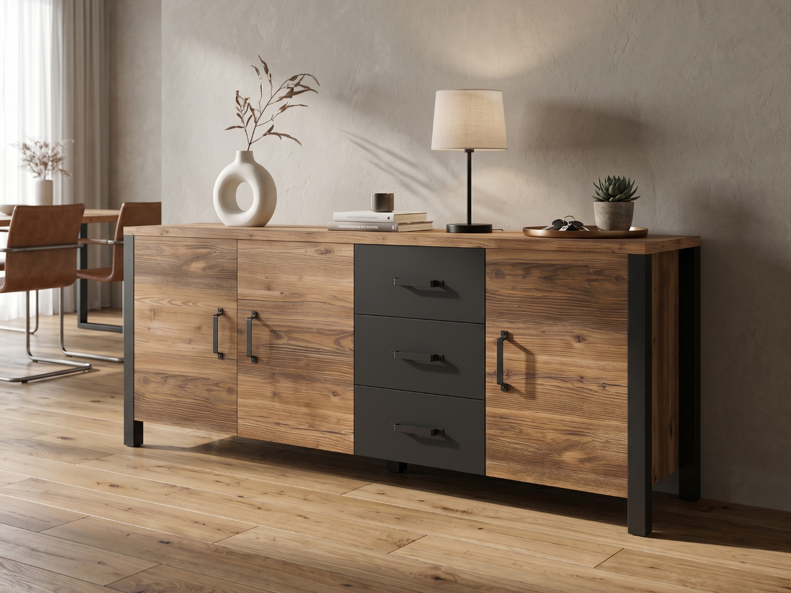 Dressoir OLIANNE 3 deuren 3 lades appenzeller sparren/zwart