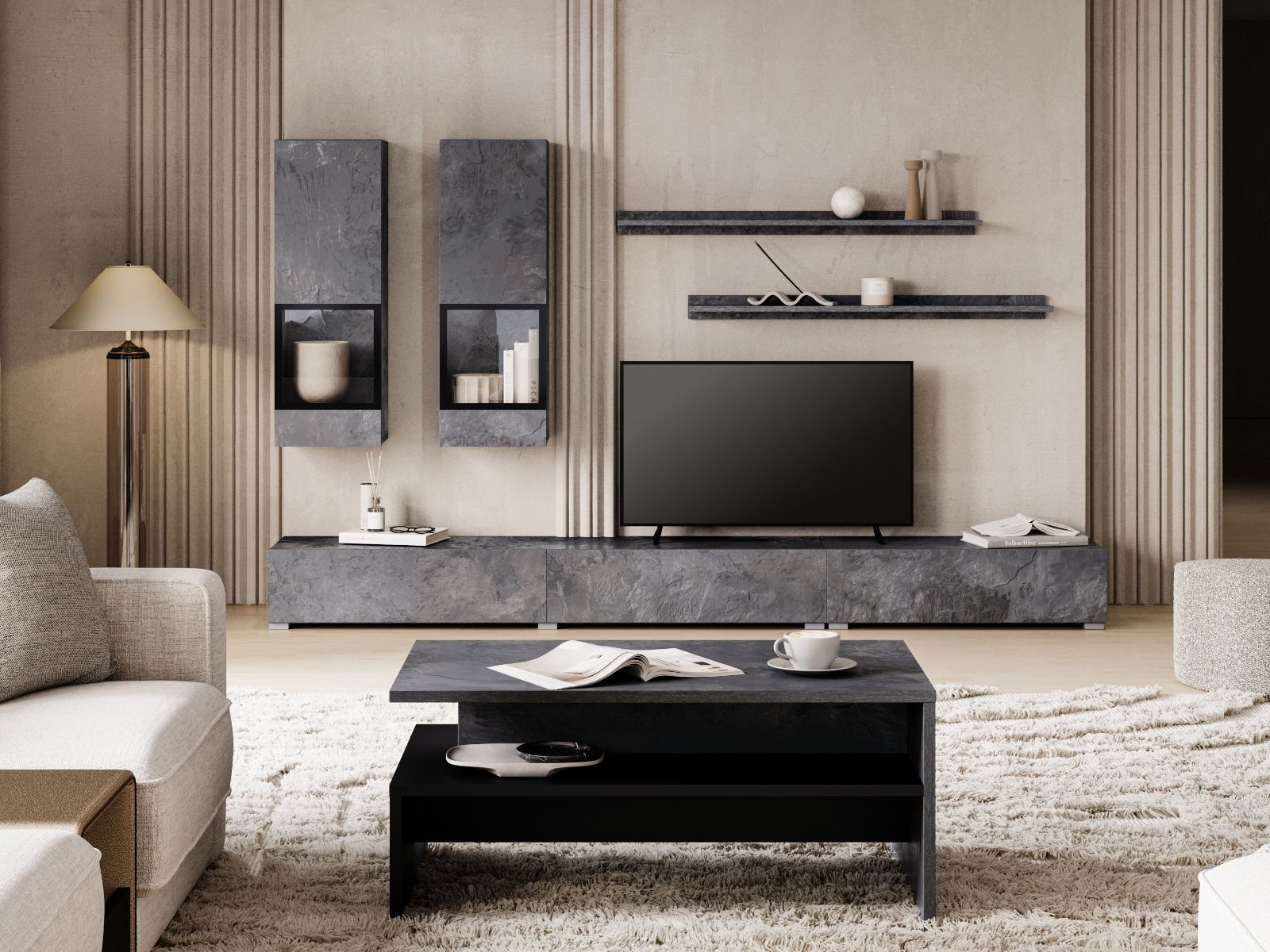 Tv-meubel set BABEL 5 deuren kleurrijke leisteen met led met salontafel afbeelding