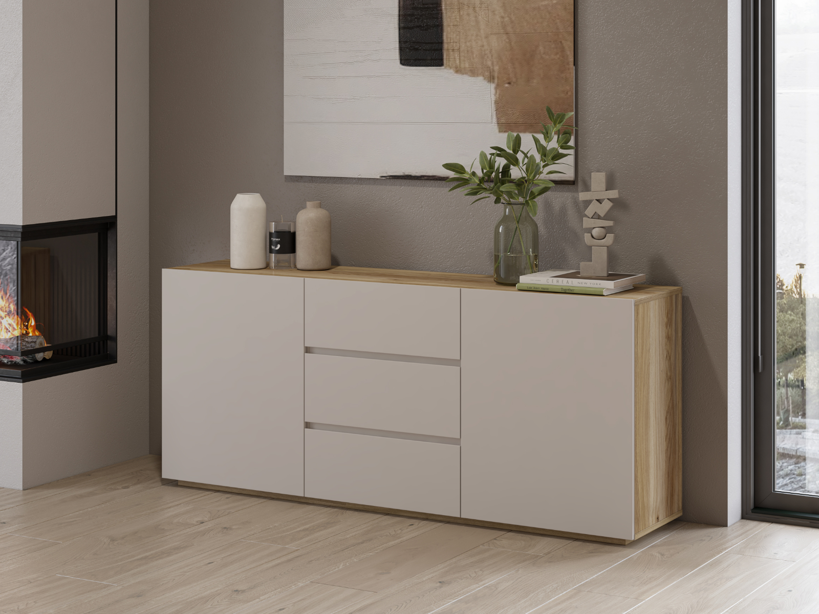 Dressoir KRISY 2 deuren 3 laden kasjmier/eik mauvella