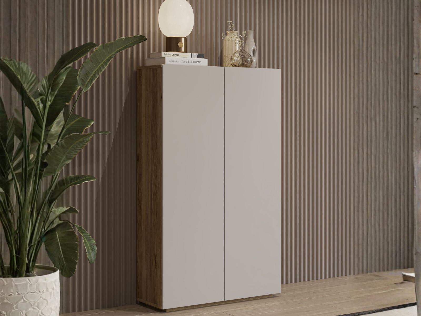 Hoge commode KRISY 2 deuren kasjmier/eik mauvella