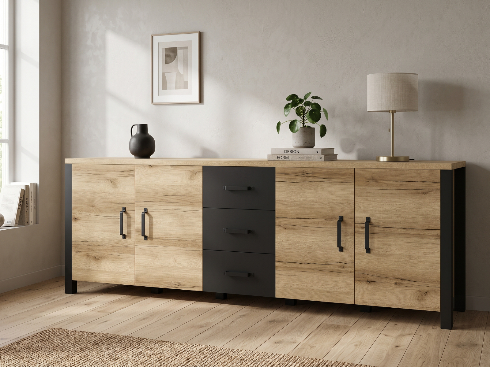 Dressoir OLIANNE 4 deuren 3 lades natuurlijke eik