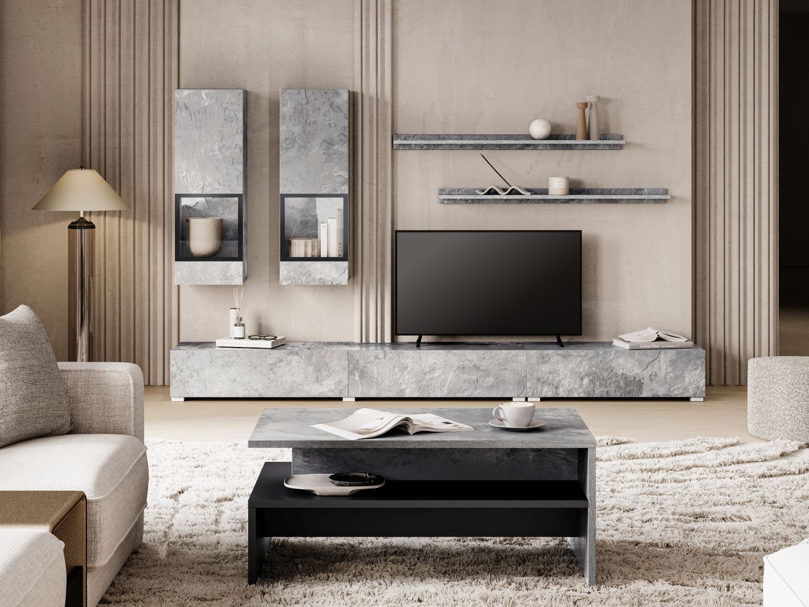 Tv-meubel set BABEL 5 deuren beton met led met salontafel afbeelding