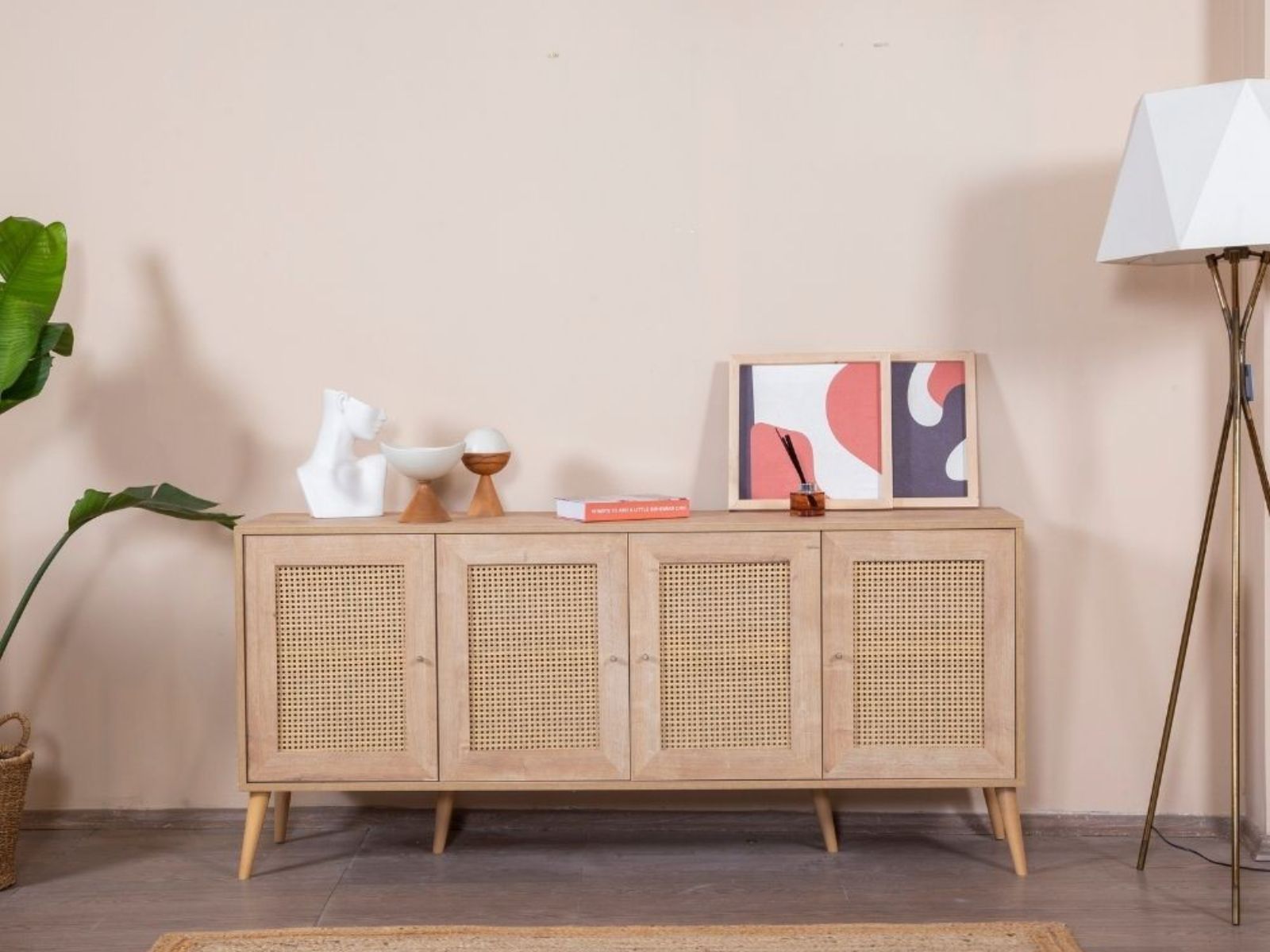 Dressoir GREY 4 deuren eik met rotan afbeelding