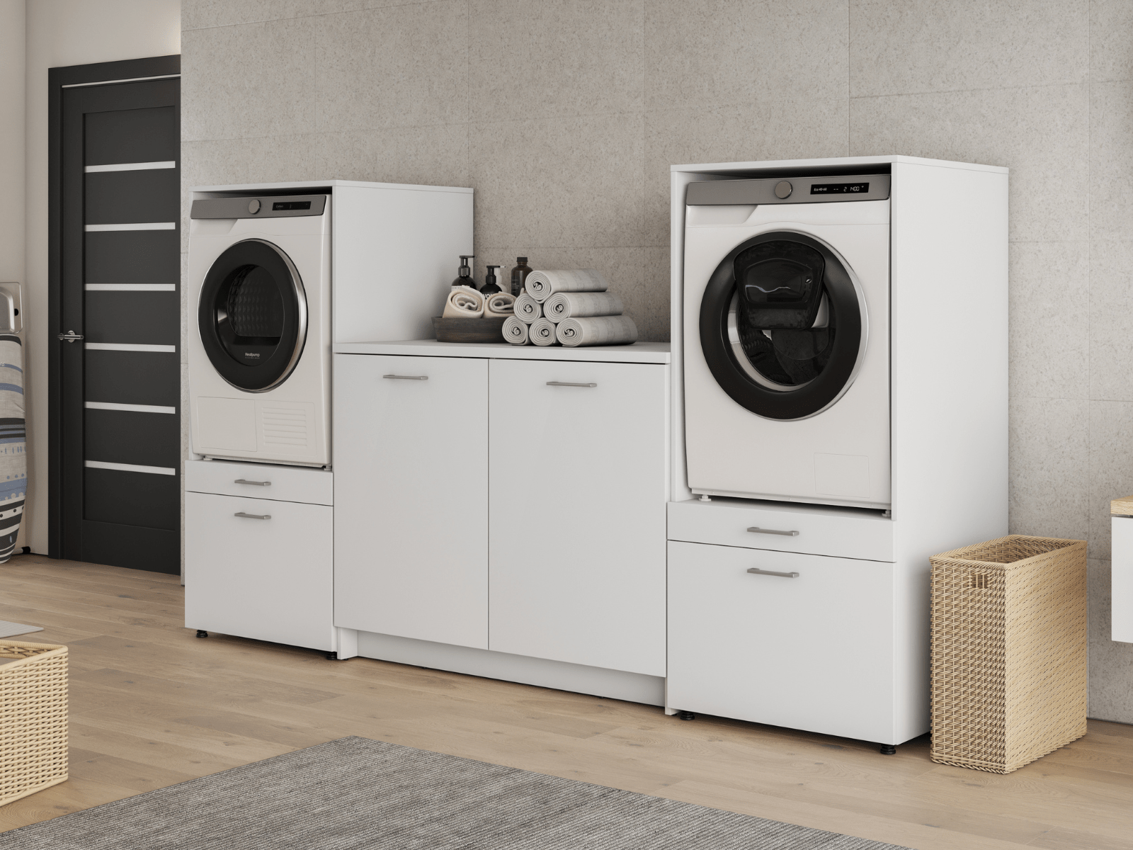 Kast WASHING 2 machines naast elkaar met kast met werkblad wit