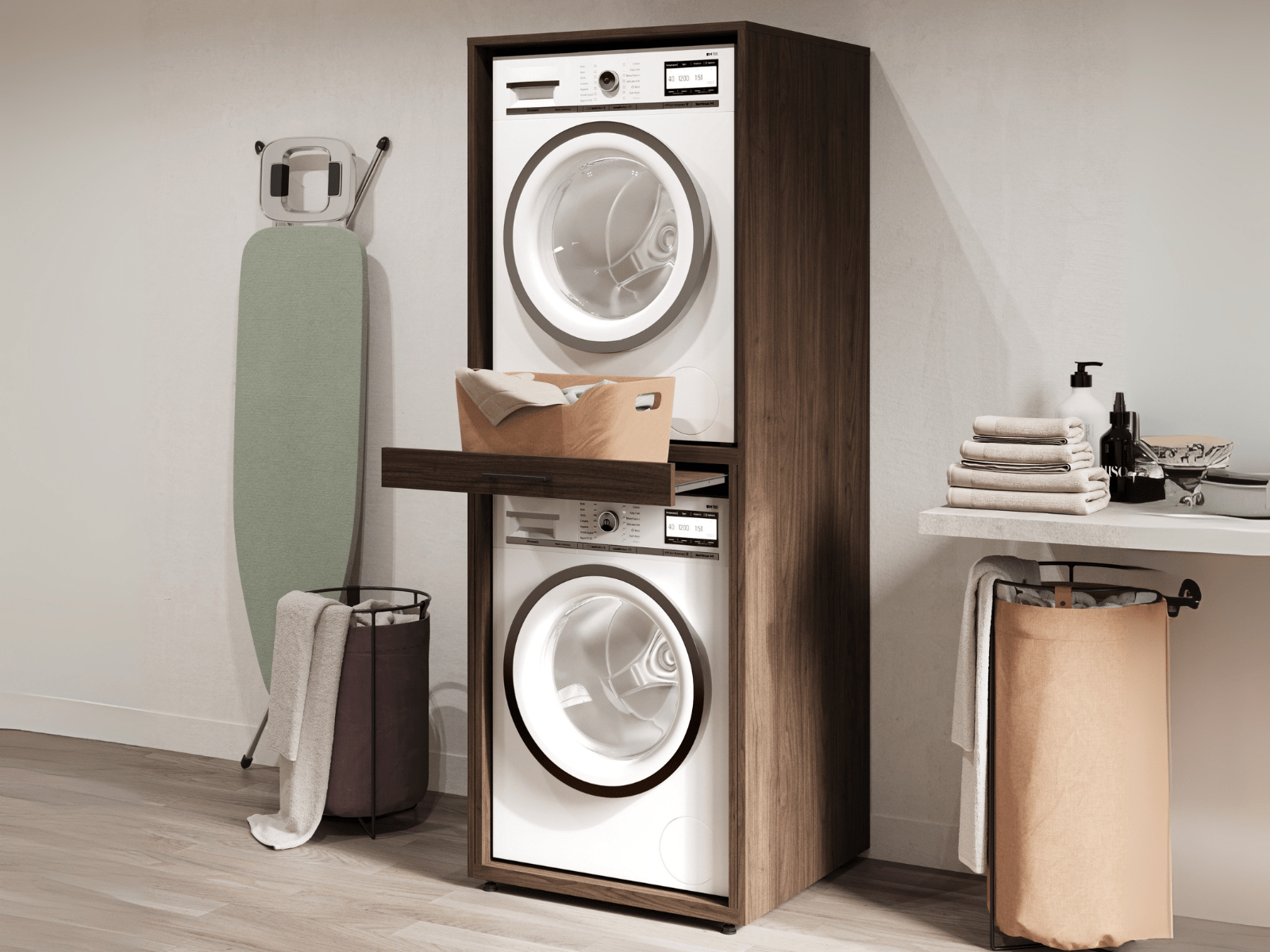 Wasmachinekast WASHING 2 machines boven elkaar MEDIUM walnoot