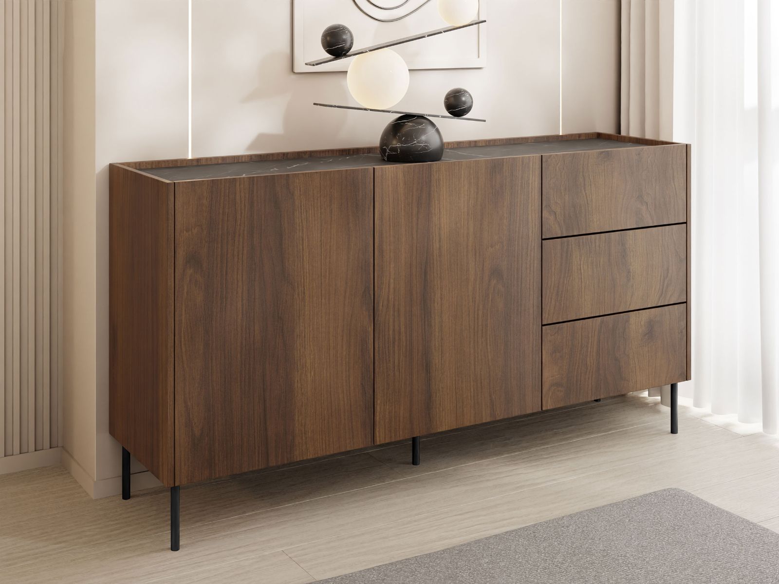 Mobistoxx Dressoir TELIO 2 deuren 3 lades warmia walnoot/zwart marmer