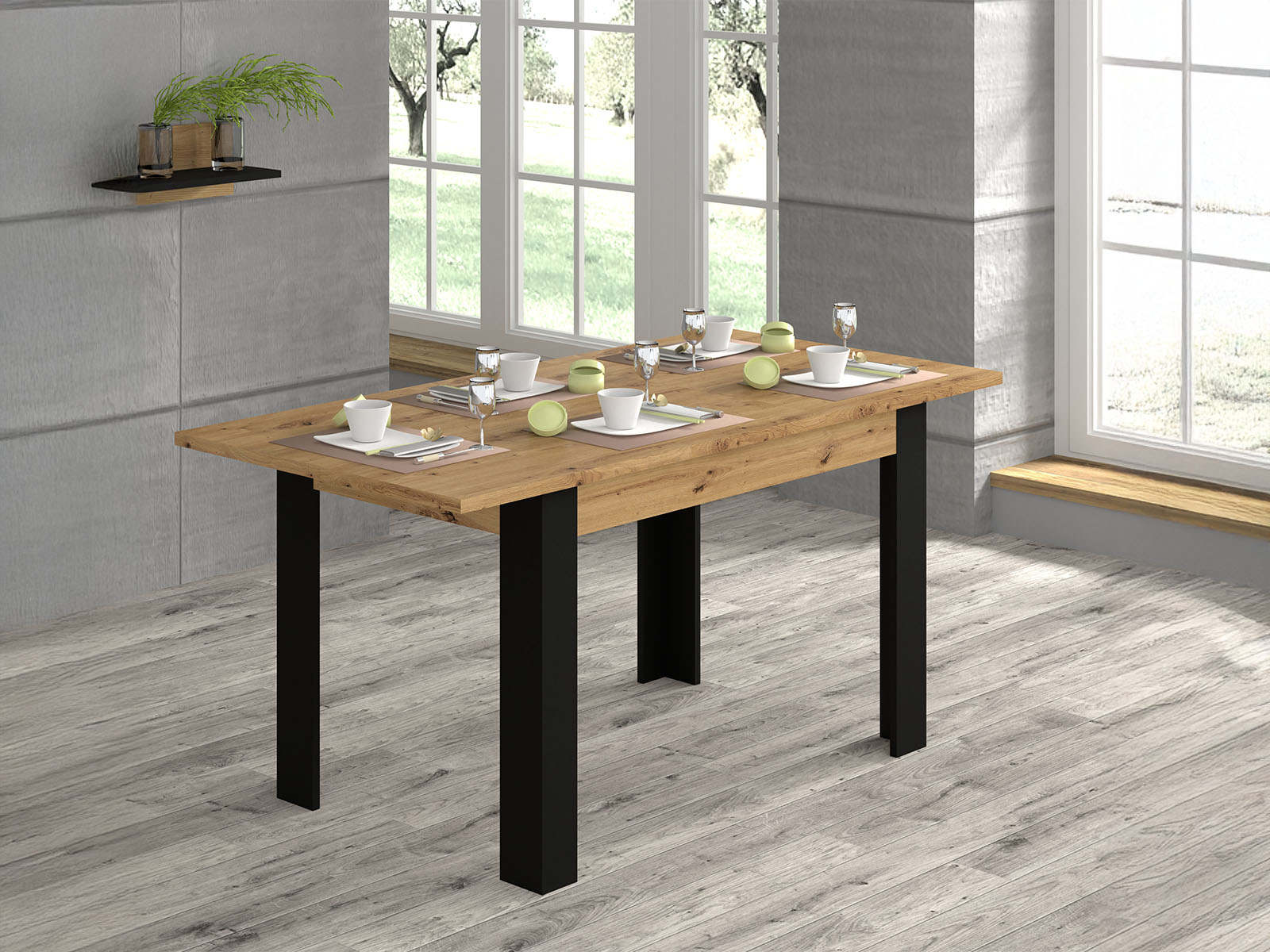 Uitschuifbare eettafel NAKUMI 120 > 160 cm eik artisan