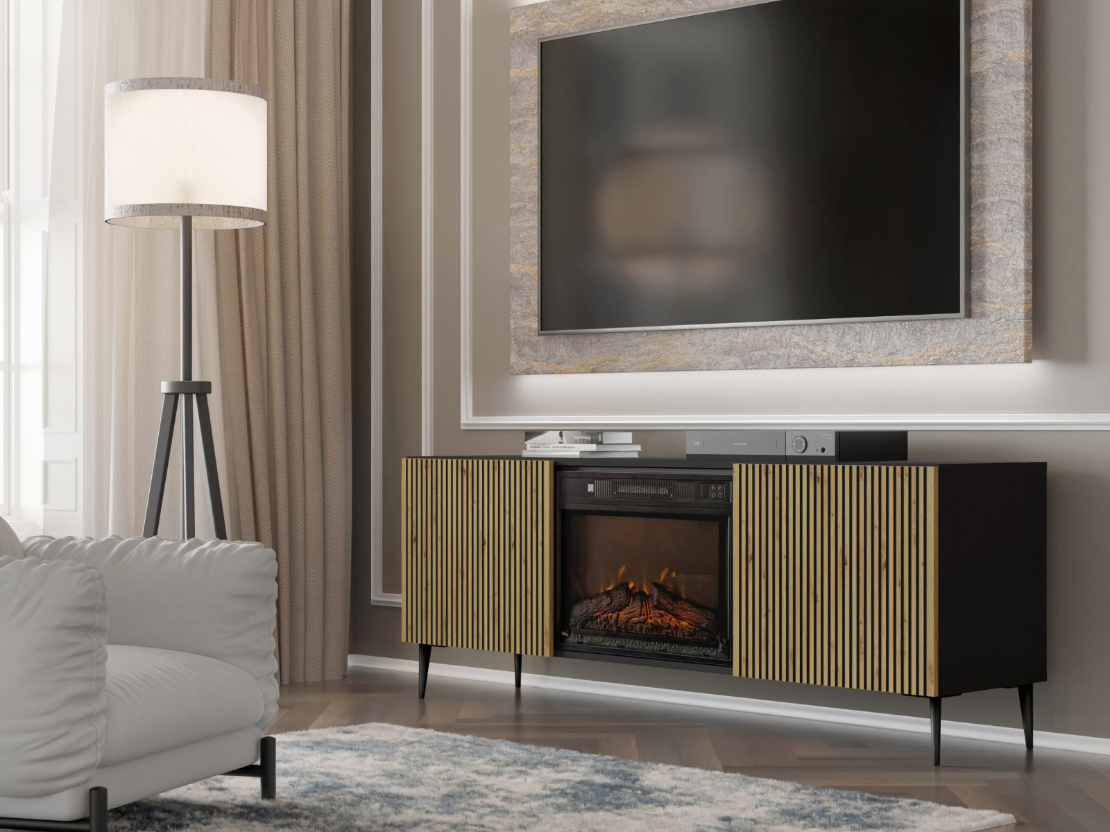 Tv-meubel met haard RAVAGE 2 deuren zwart/artisan eik