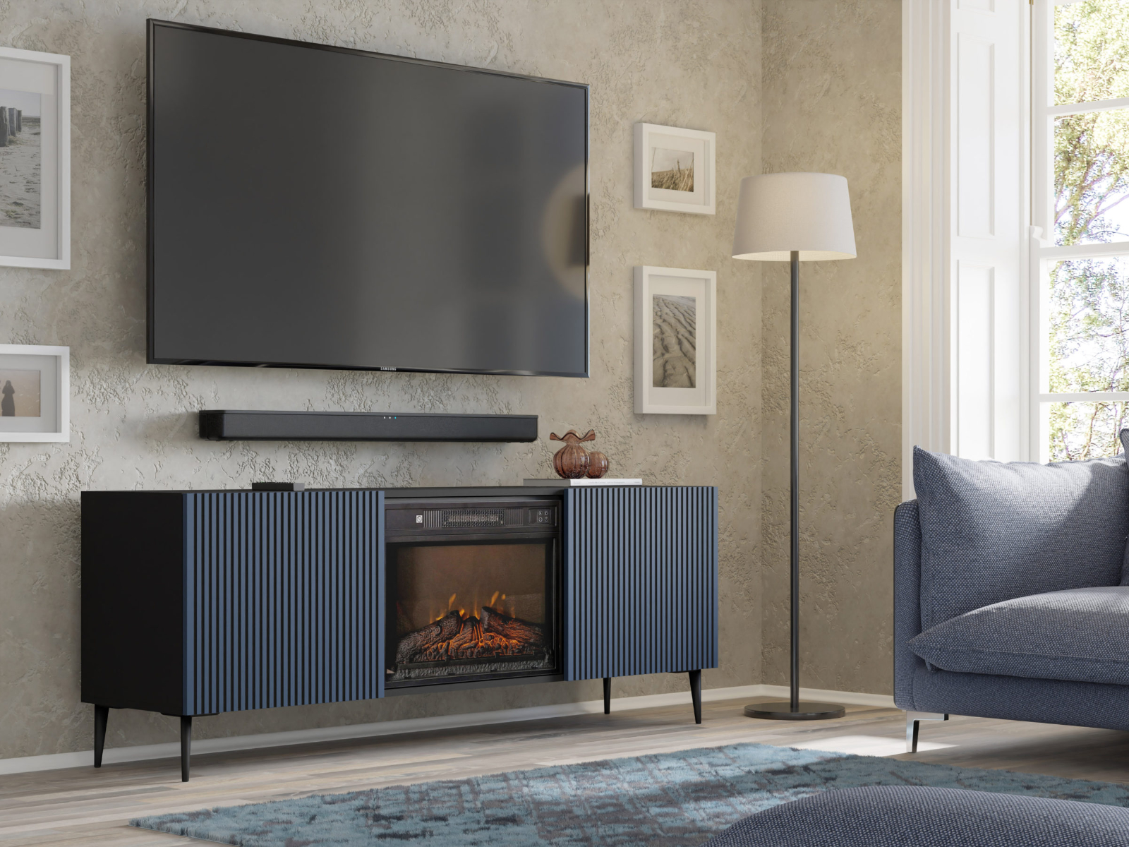 Tv-meubel met haard RAVAGE 2 deuren navy blauw