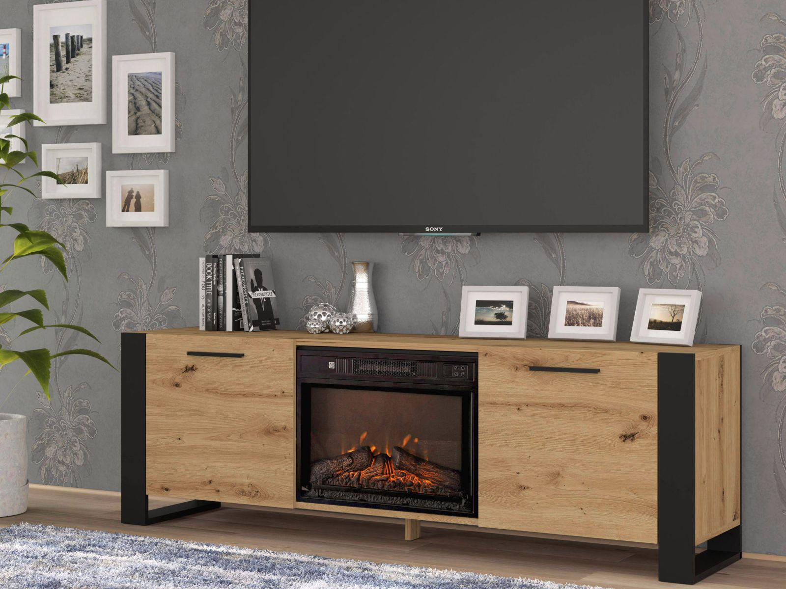 Tv-meubel met haard NAKUMI 2 deur artisan eik